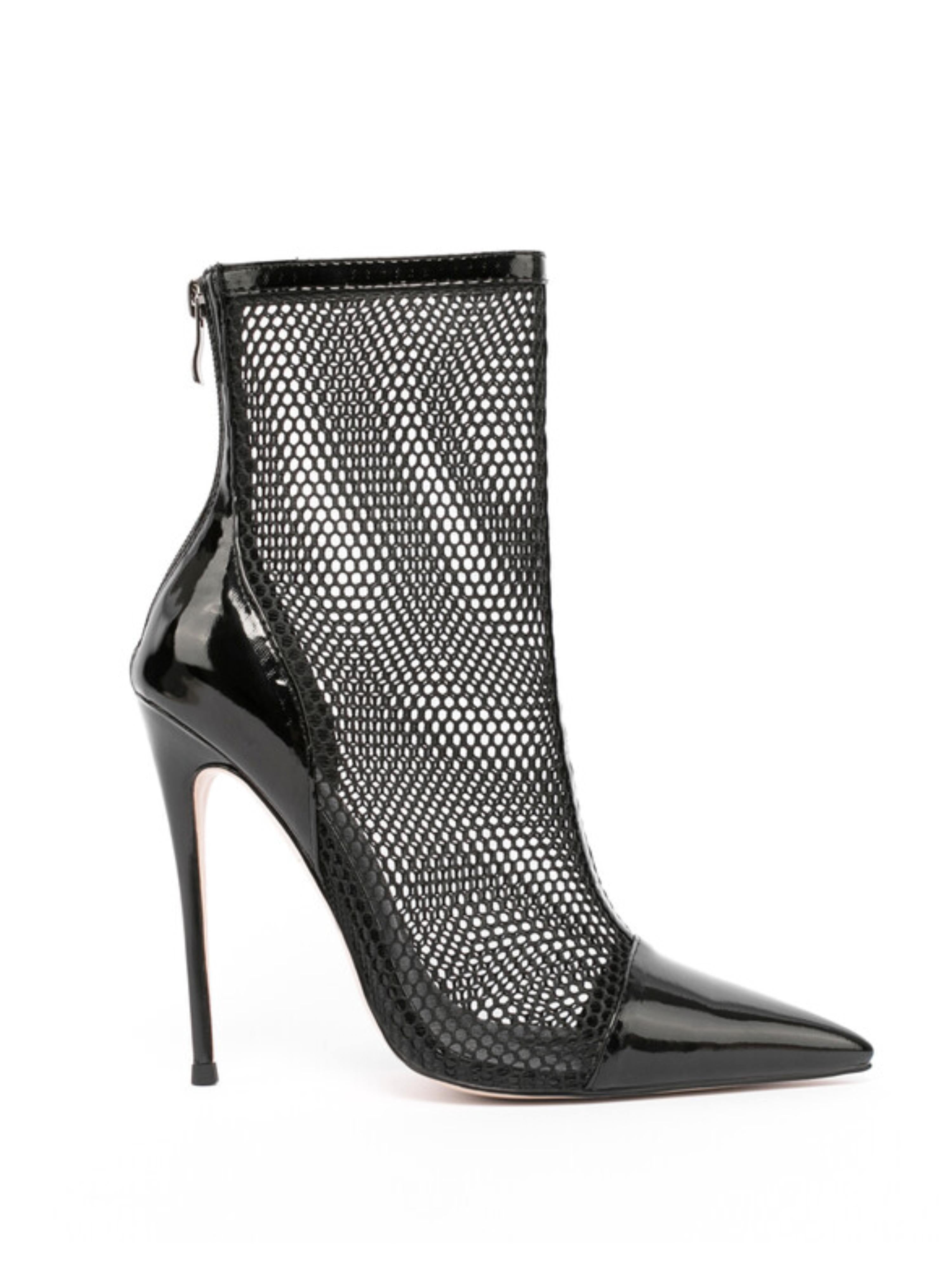 Fishnet & Patent Leather Ankle Bootie Heels Sandals for Women Black