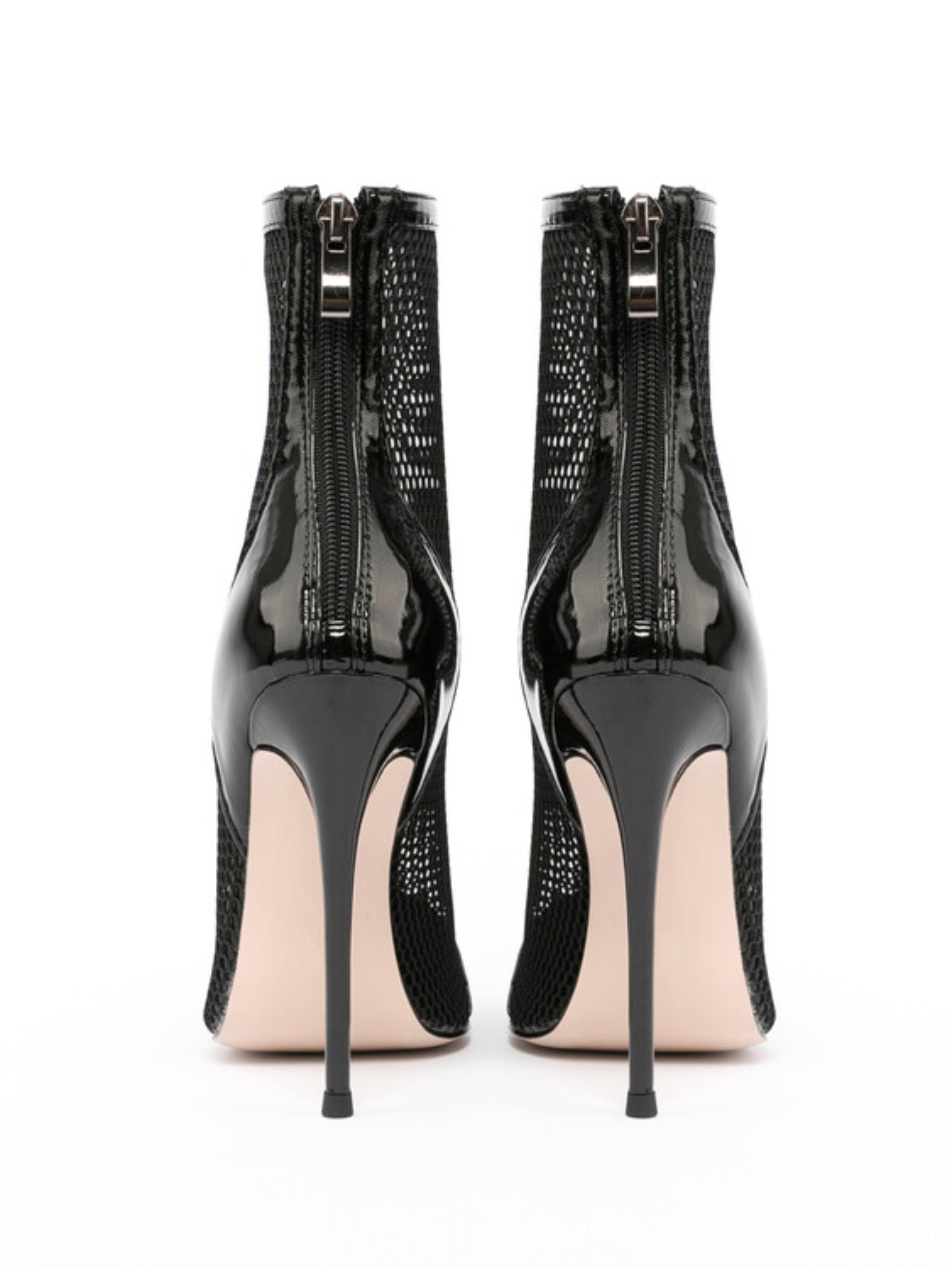 Fishnet & Patent Leather Ankle Bootie Heels Sandals for Women Black