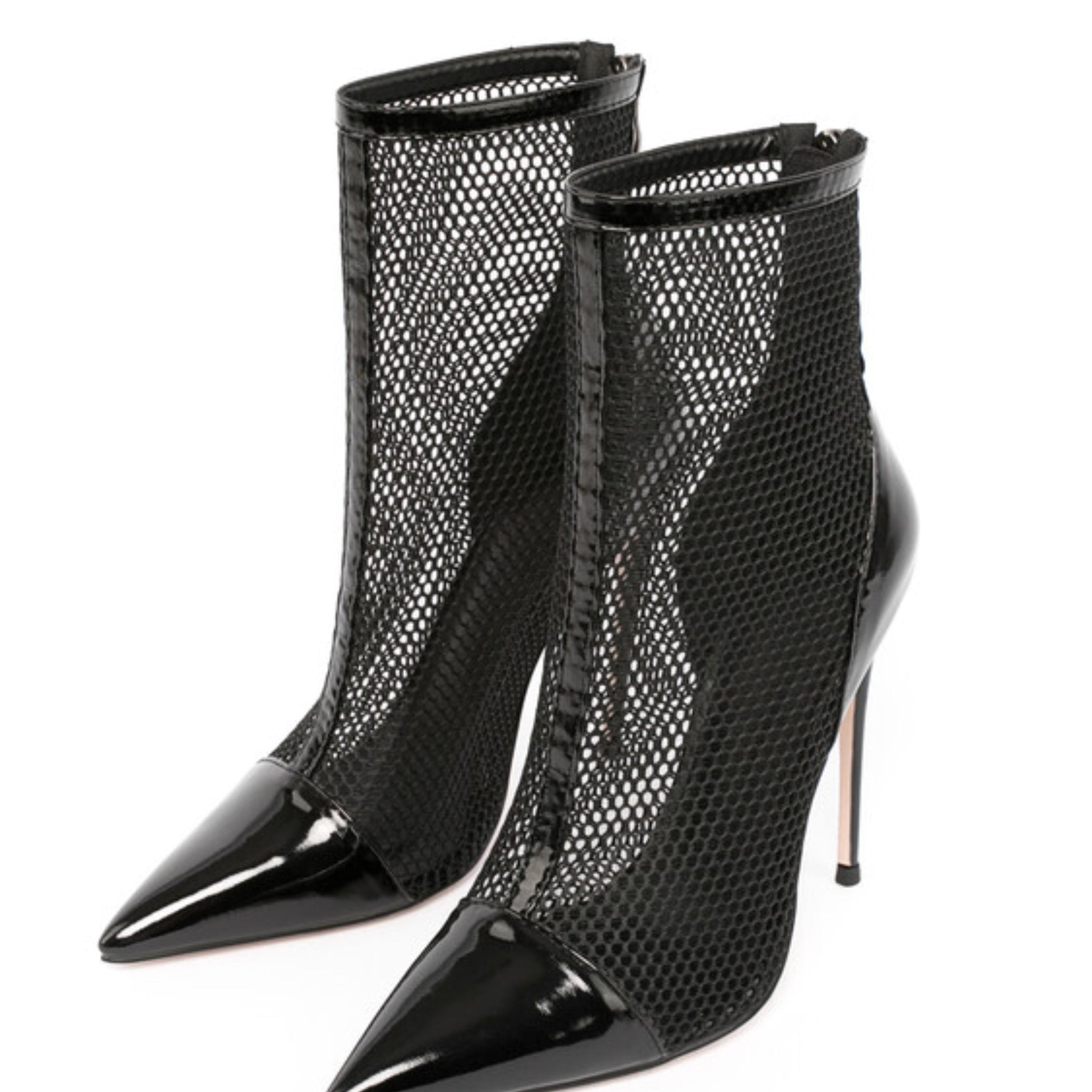 Fishnet & Patent Leather Ankle Bootie Heels Sandals for Women Black