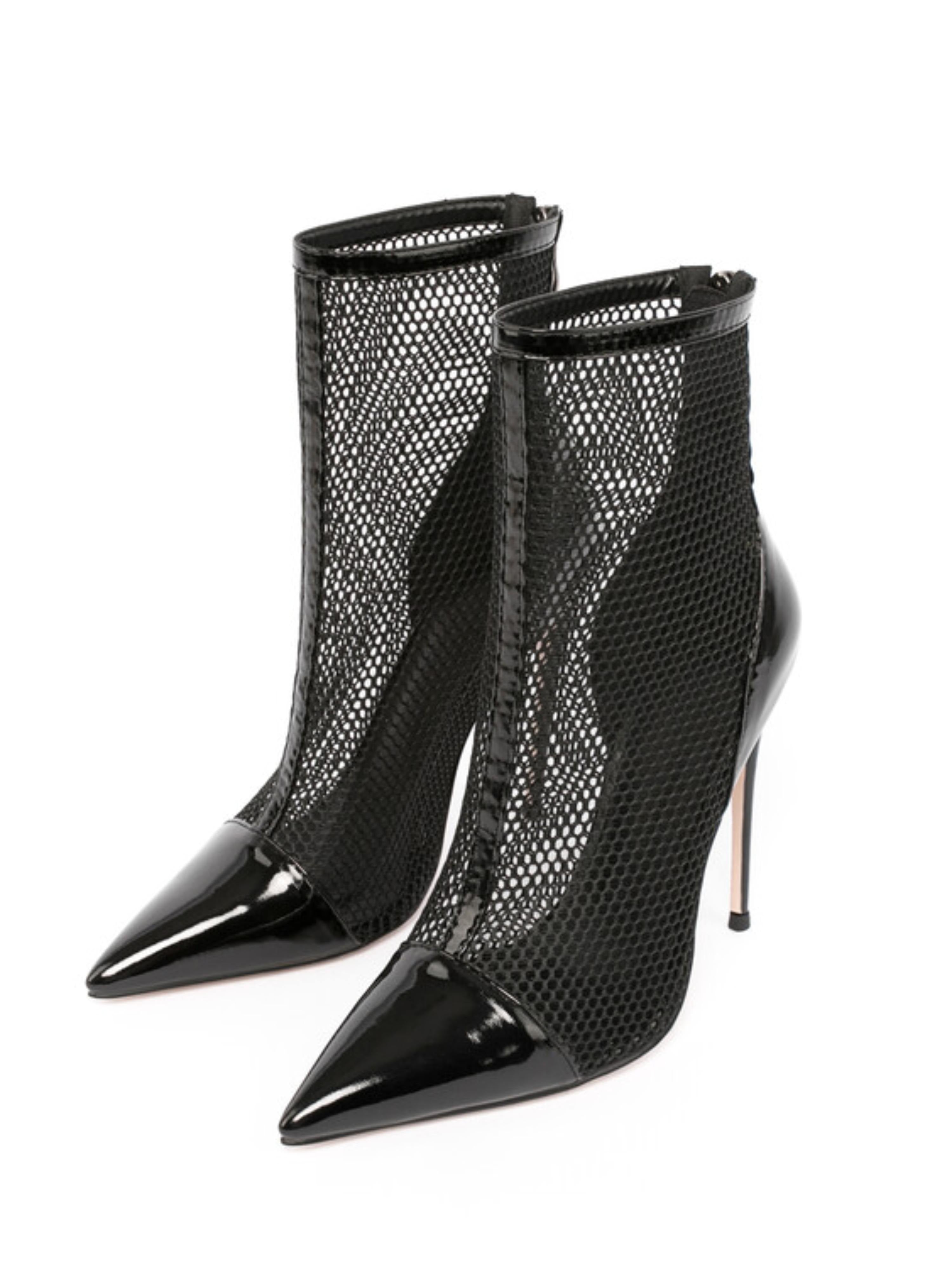 Fishnet & Patent Leather Ankle Bootie Heels Sandals for Women Black
