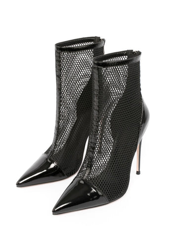 Fishnet & Patent Leather Ankle Bootie Heels Sandals for Women Black