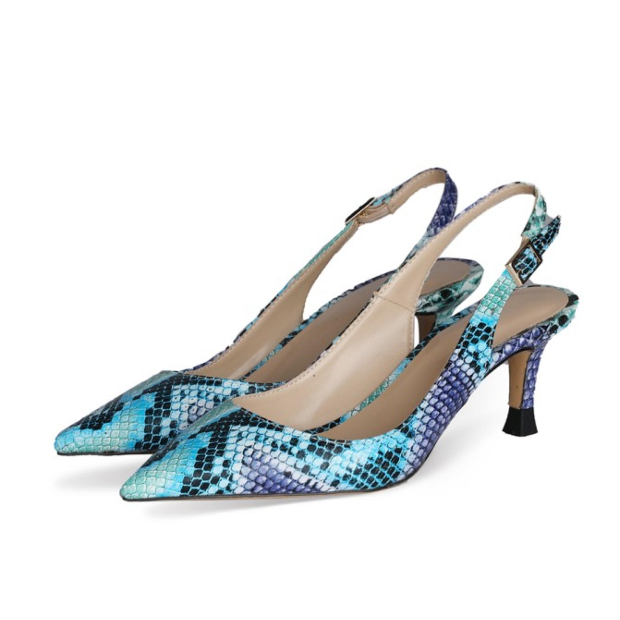 Snakeskin Pattern Slingback Pumps Blue Sandals for Women