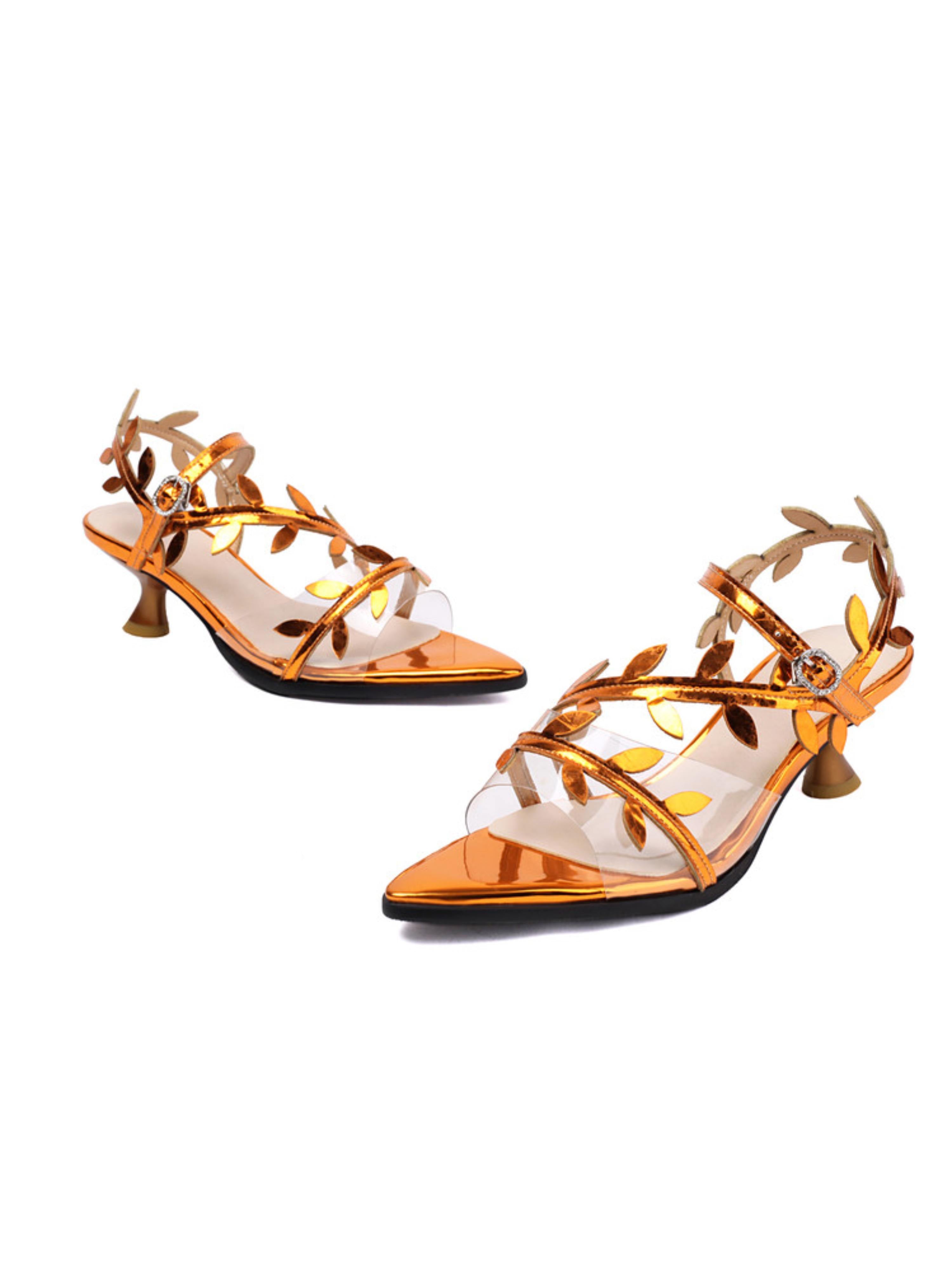 Leaf-Shaped Metallic Golden Orange Sandals for Women