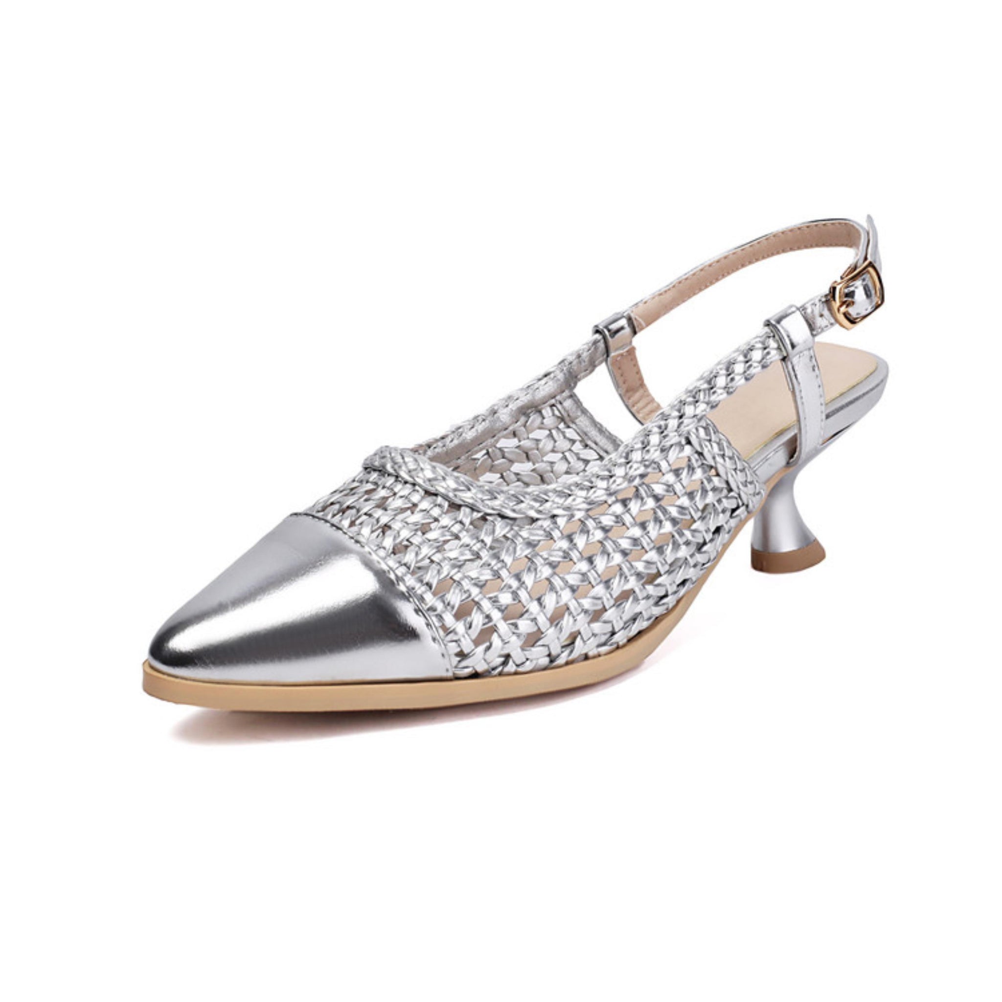 Metallic Silver Woven Woman Sandals with Elegant Flared Heel