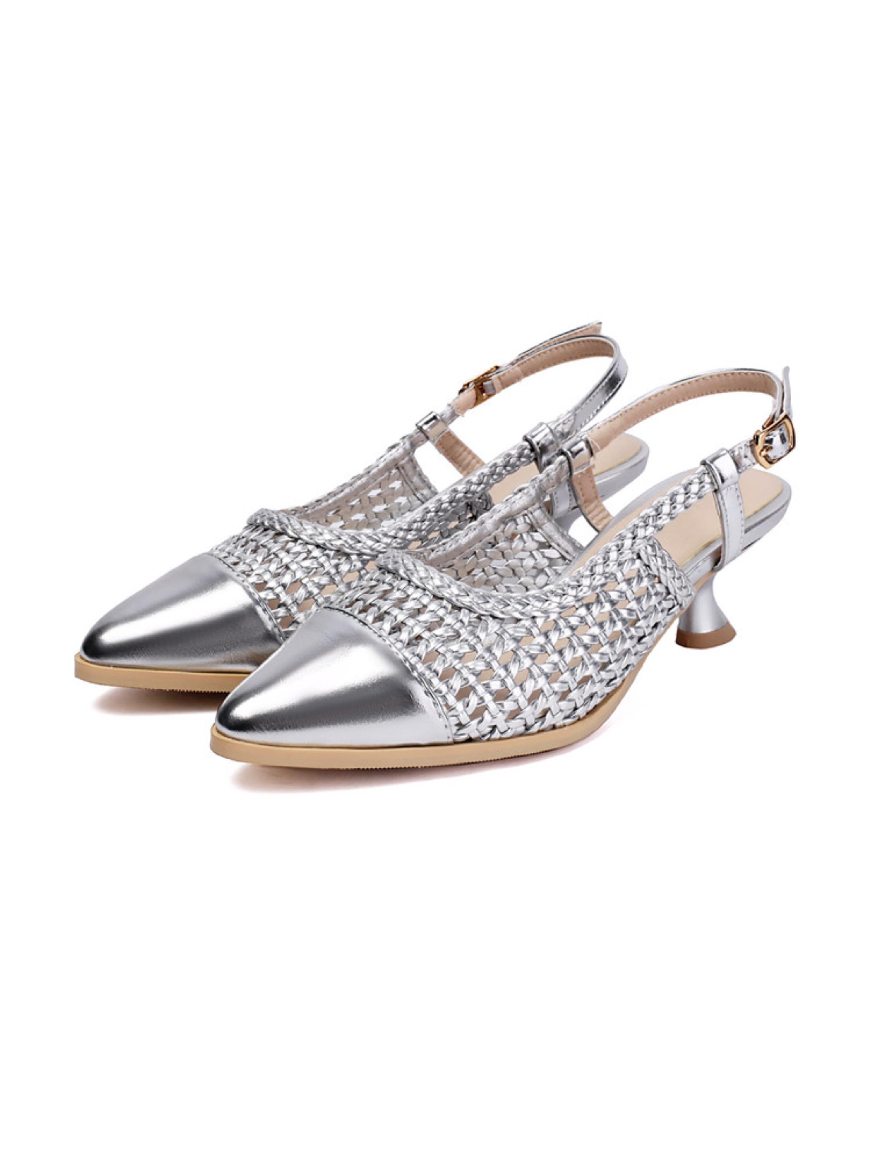 Metallic Silver Woven Woman Sandals with Elegant Flared Heel