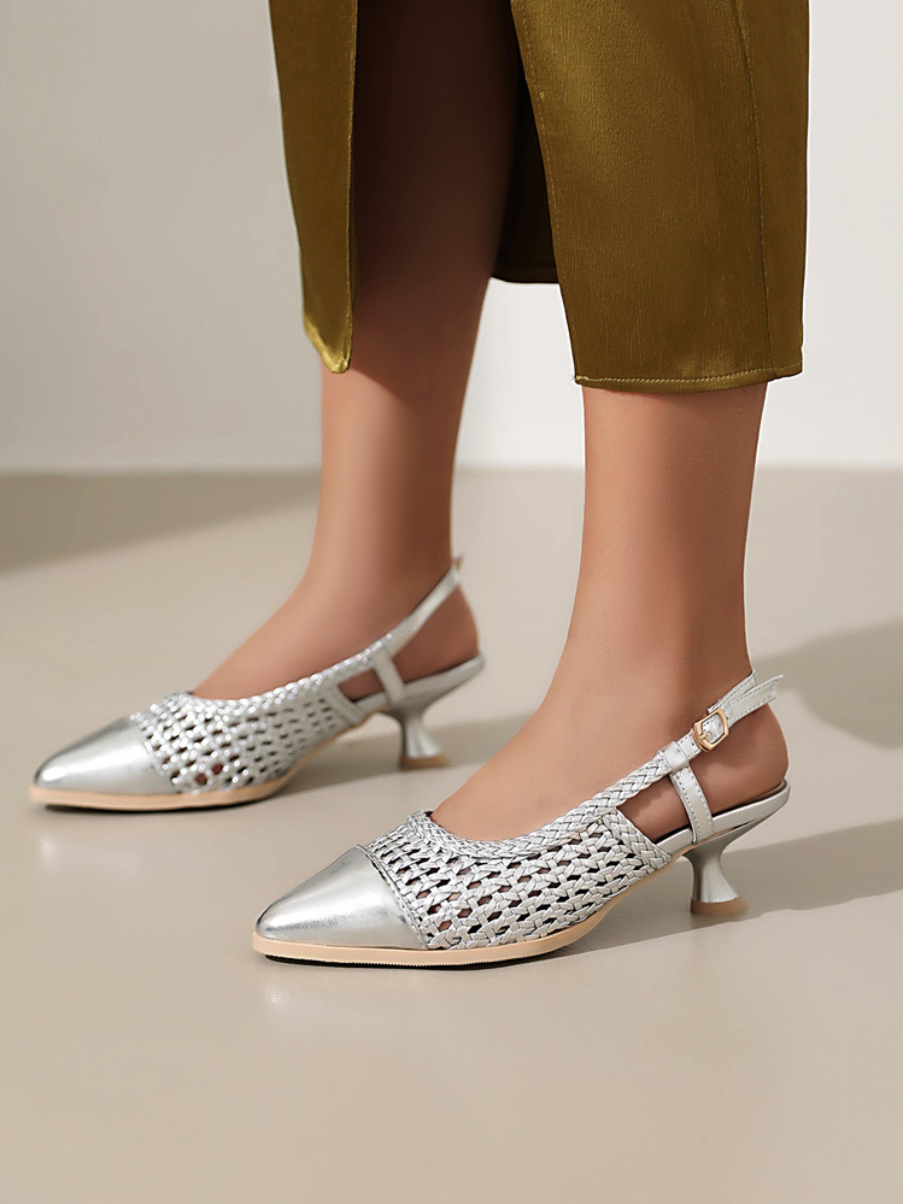 Metallic Silver Woven Woman Sandals with Elegant Flared Heel