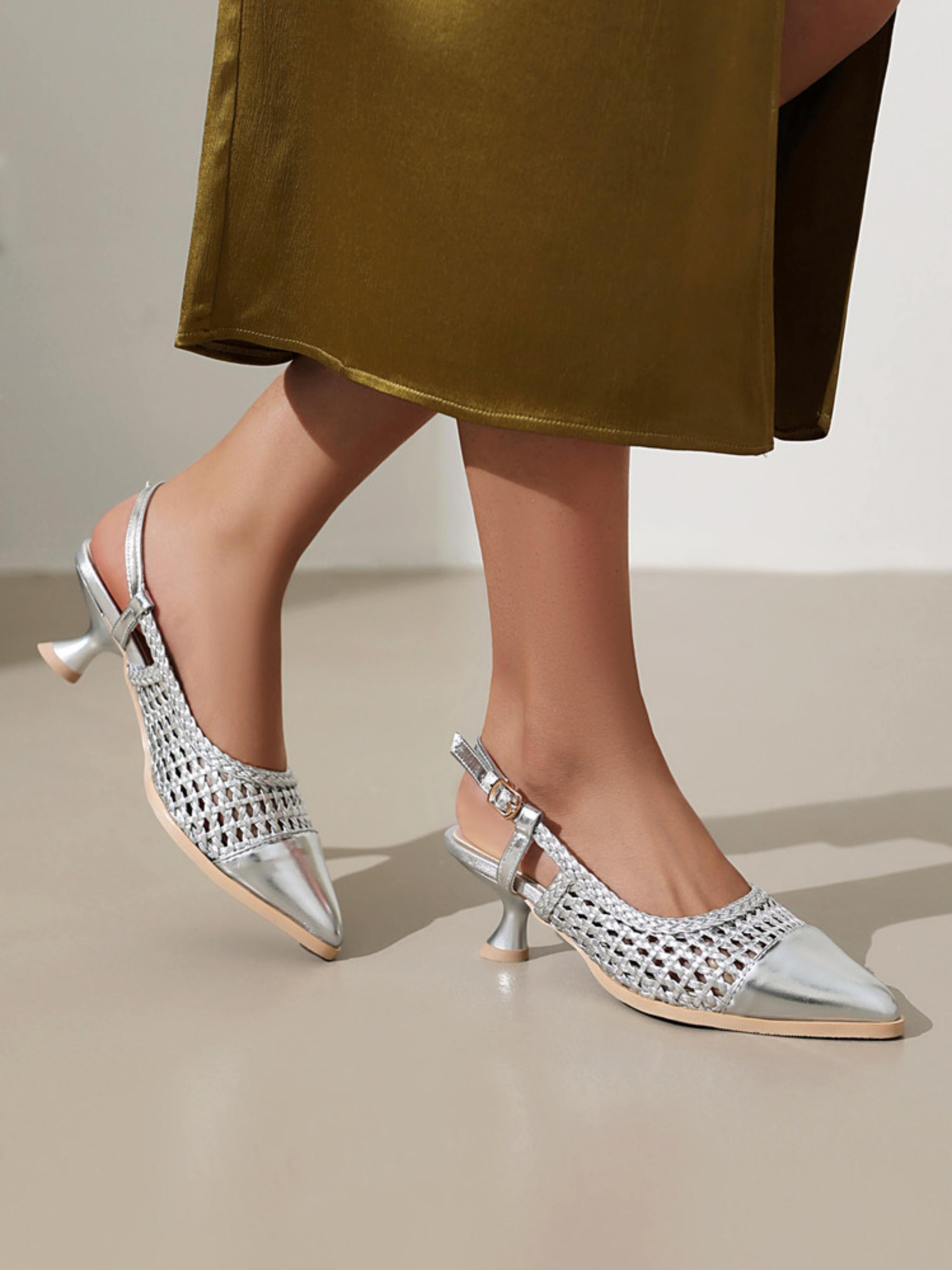 Metallic Silver Woven Woman Sandals with Elegant Flared Heel