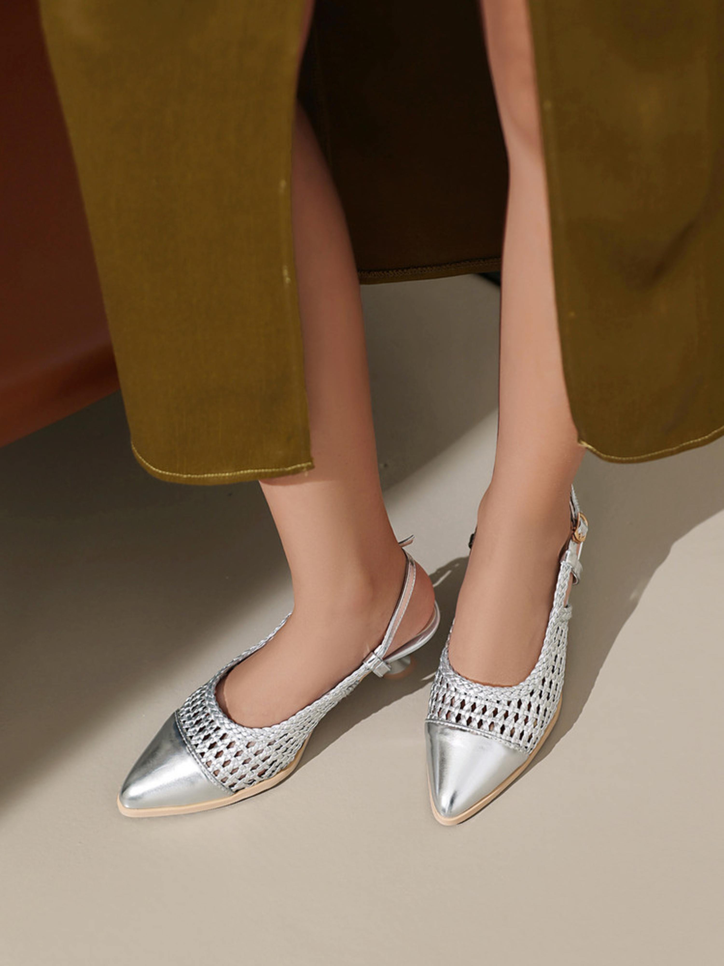 Metallic Silver Woven Woman Sandals with Elegant Flared Heel