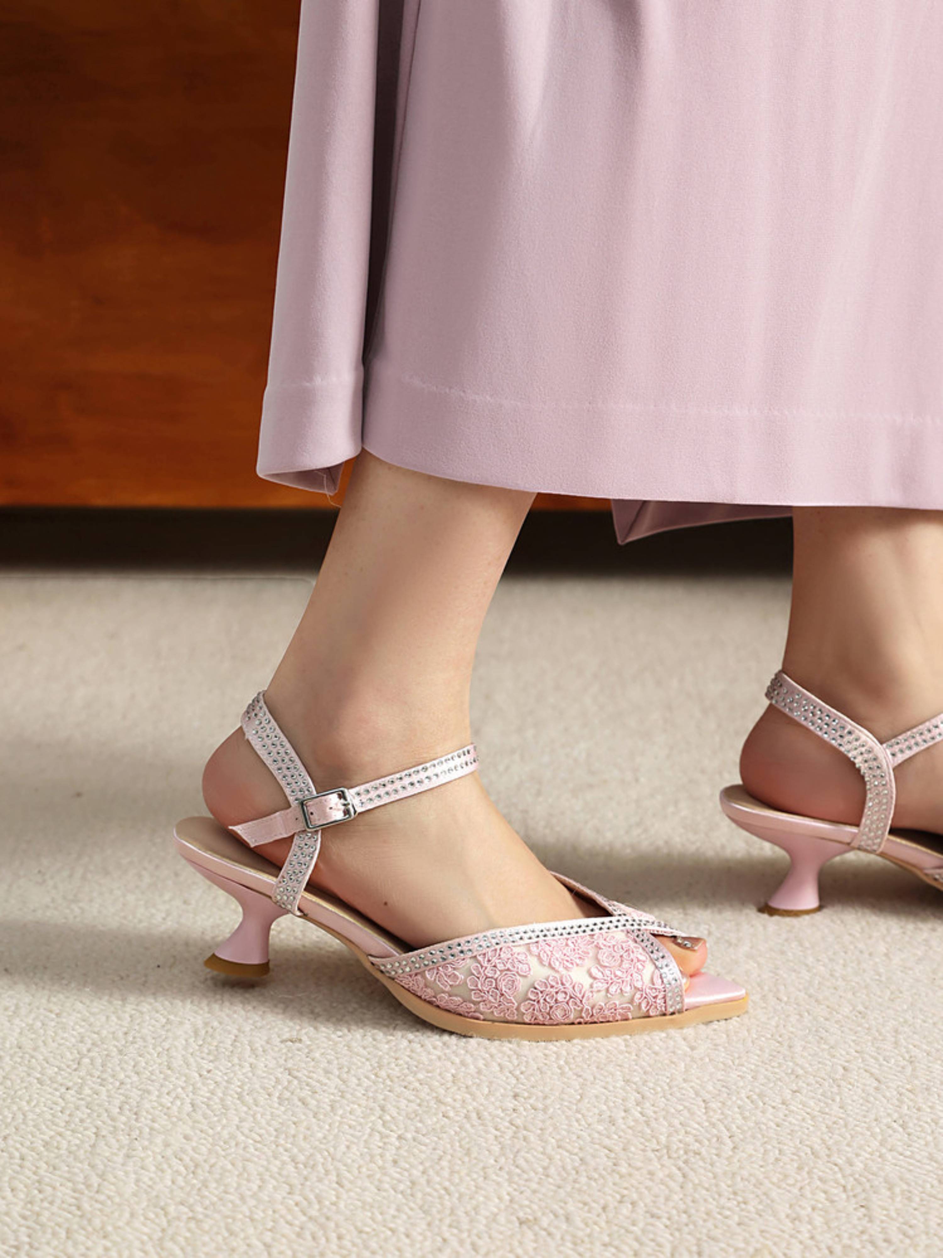 Pink Floral Kitten Heel Rhinestone Ankle Strap Women's Sandals