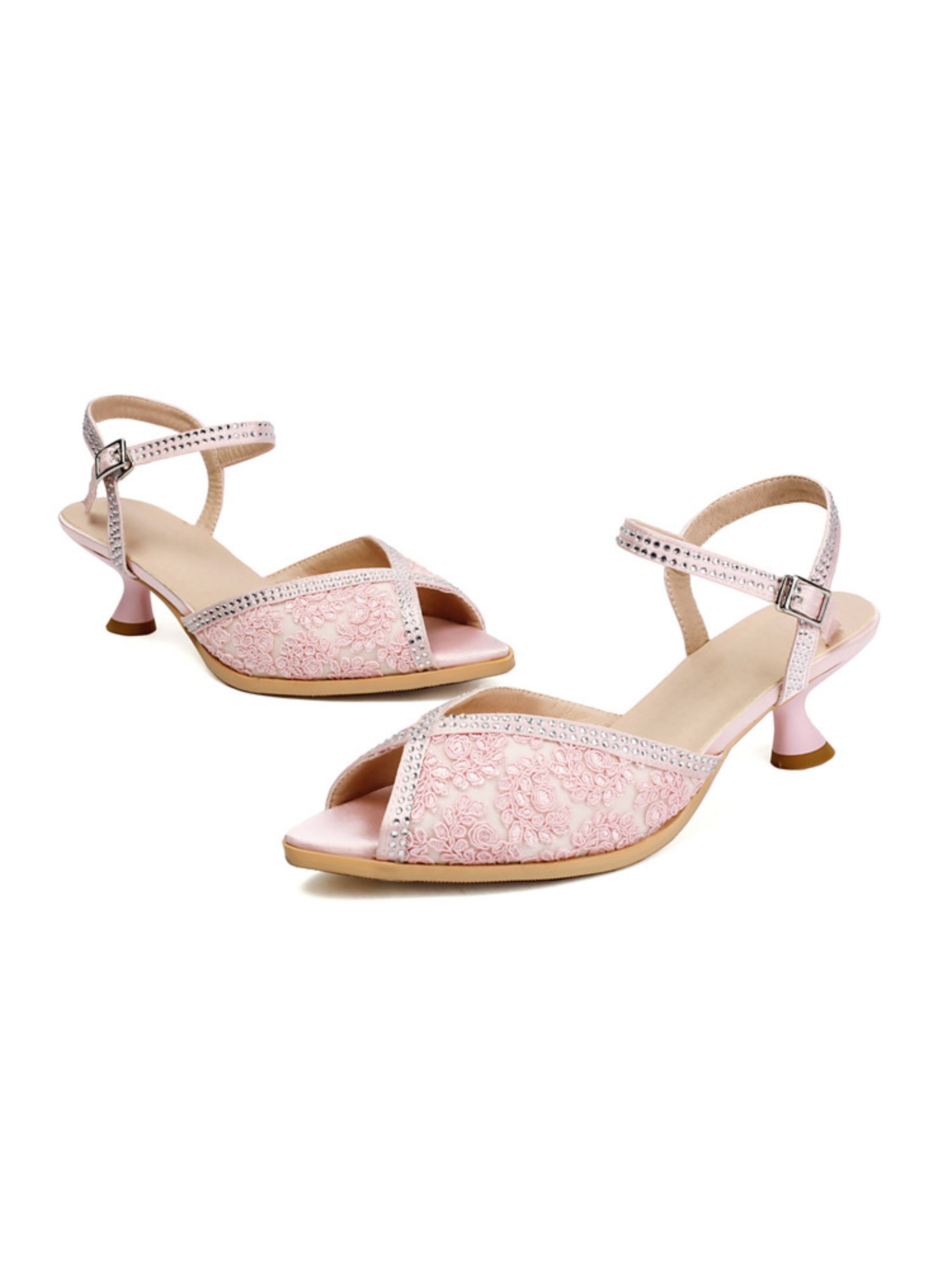 Pink Floral Kitten Heel Rhinestone Ankle Strap Women's Sandals