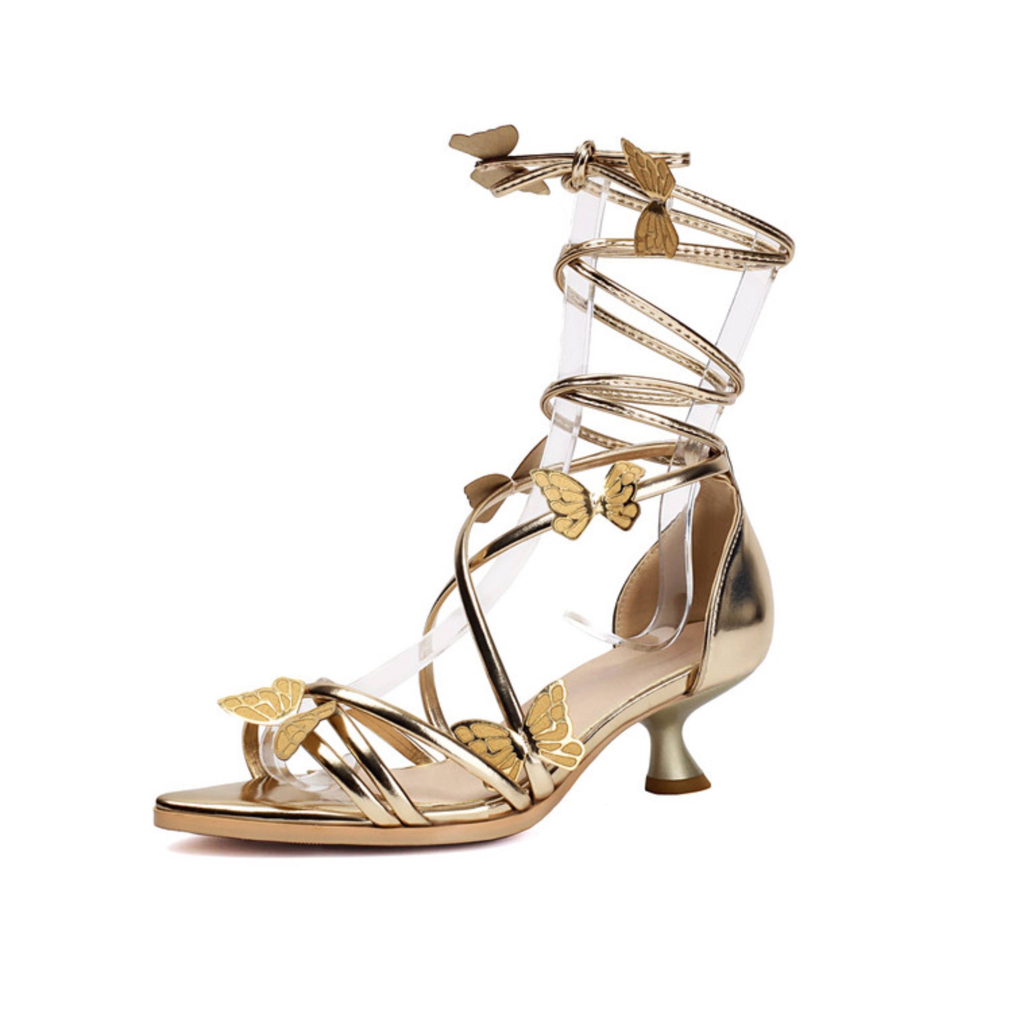 Gold Butterfly Comma Heel Wrap Dressy Sandals for Women