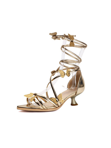 Gold Butterfly Comma Heel Wrap Dressy Sandals for Women