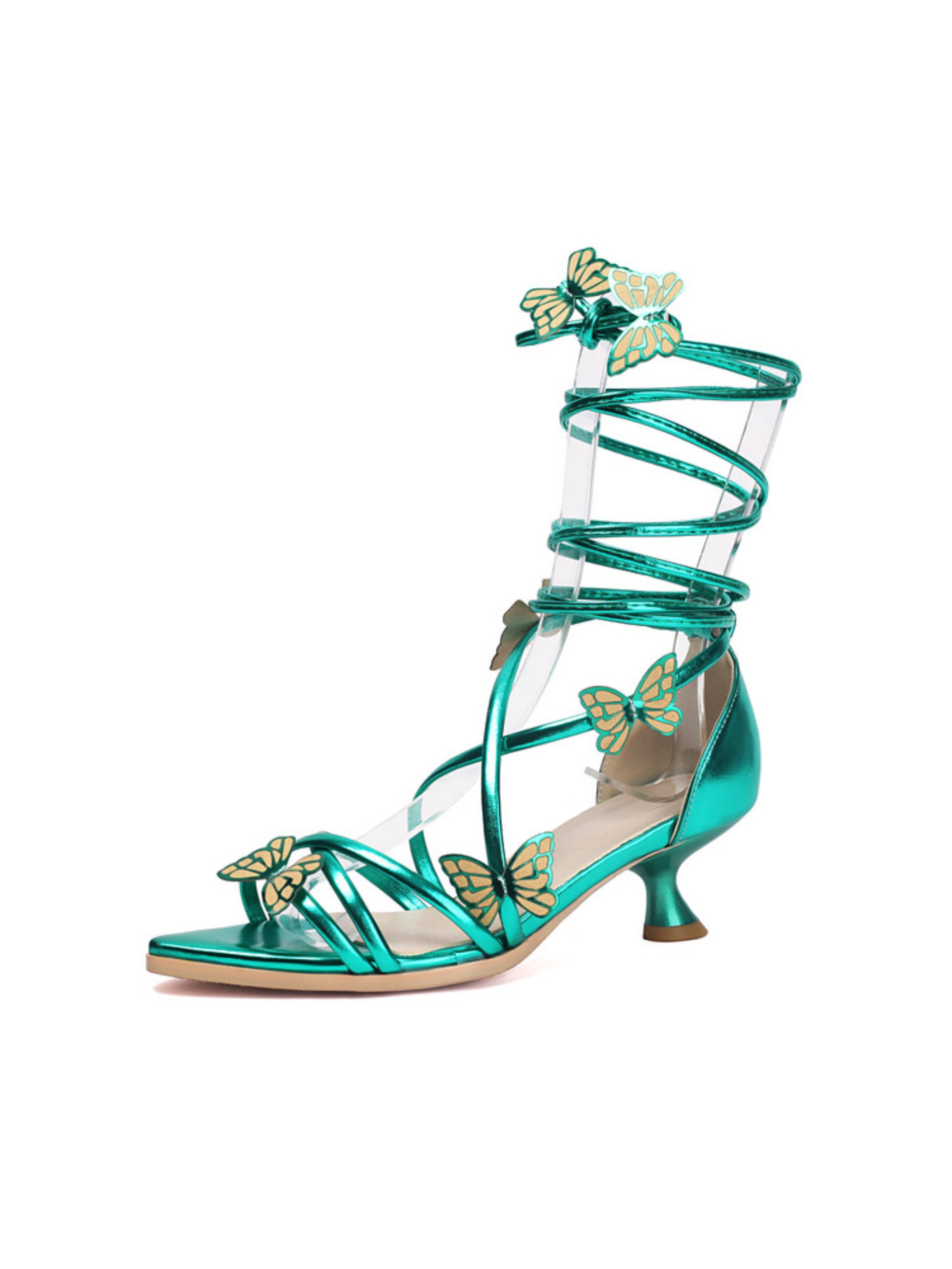 Striking Emerald Green Bufferfly Heeled Sandals for Women