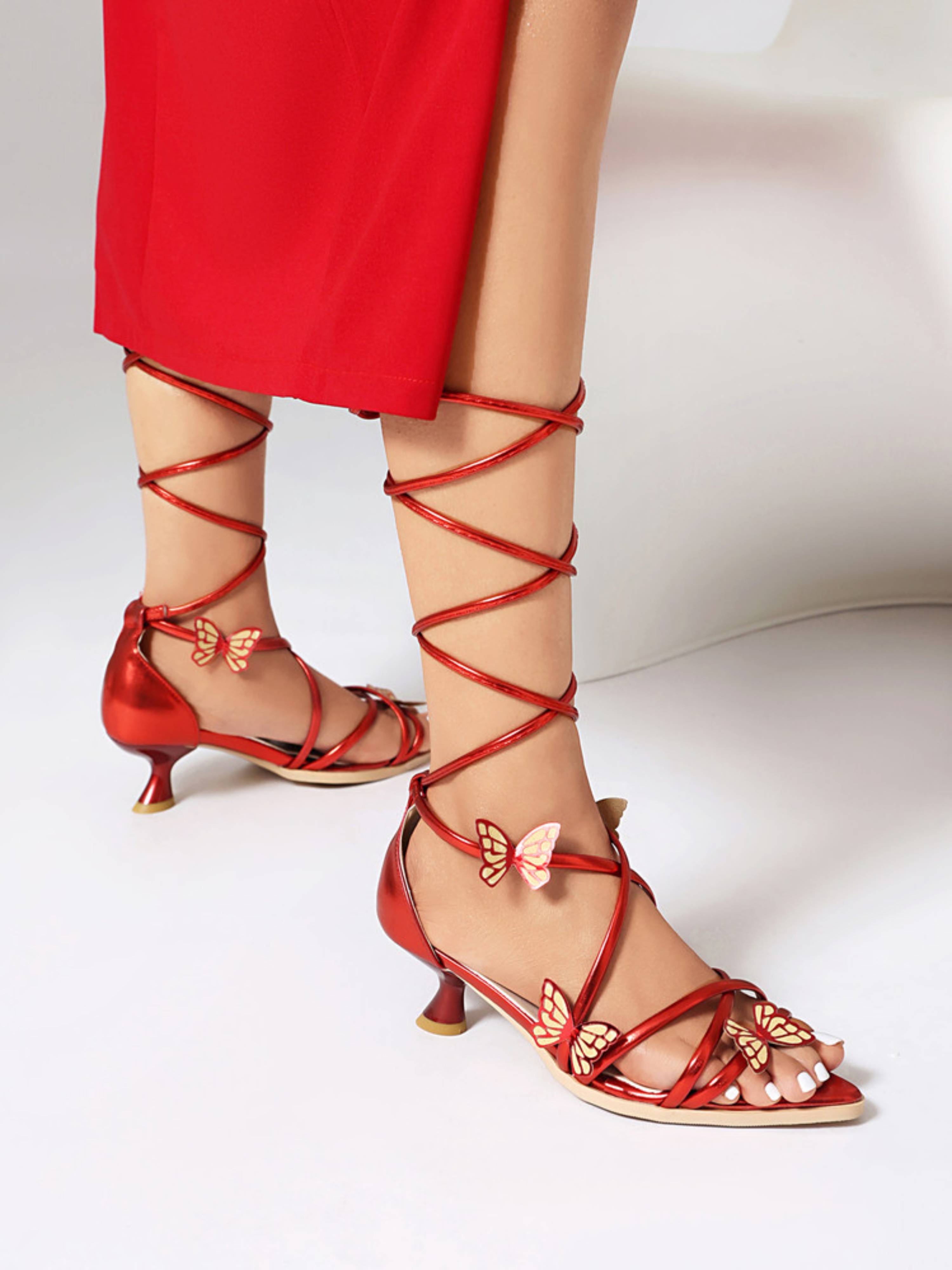 Metallic Red Butterfly Strappy Low Heel Sandals for Women