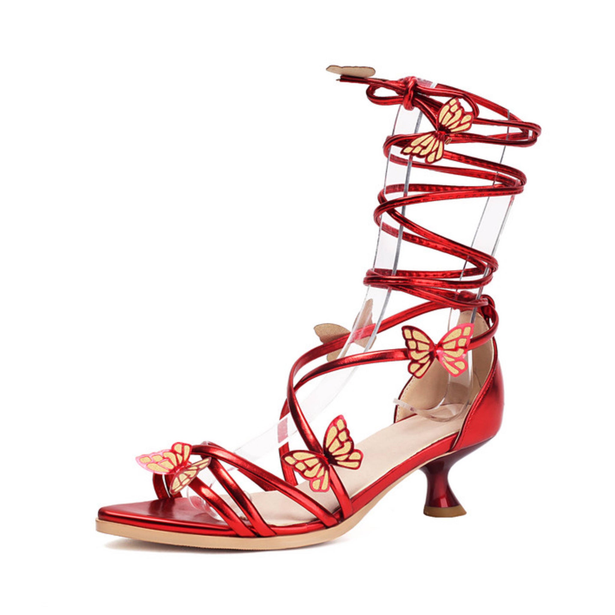 Metallic Red Butterfly Strappy Low Heel Sandals for Women