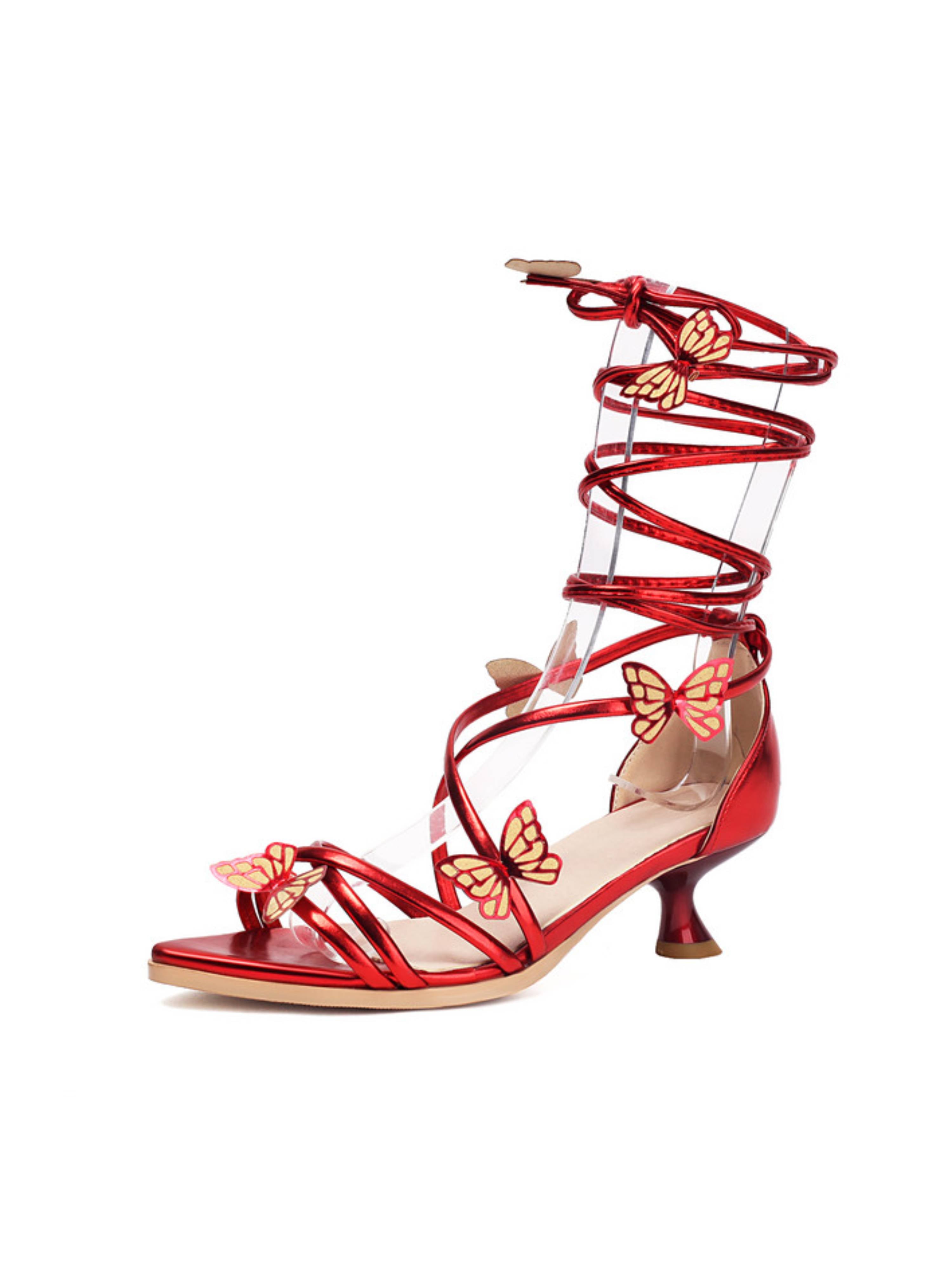 Metallic Red Butterfly Strappy Low Heel Sandals for Women