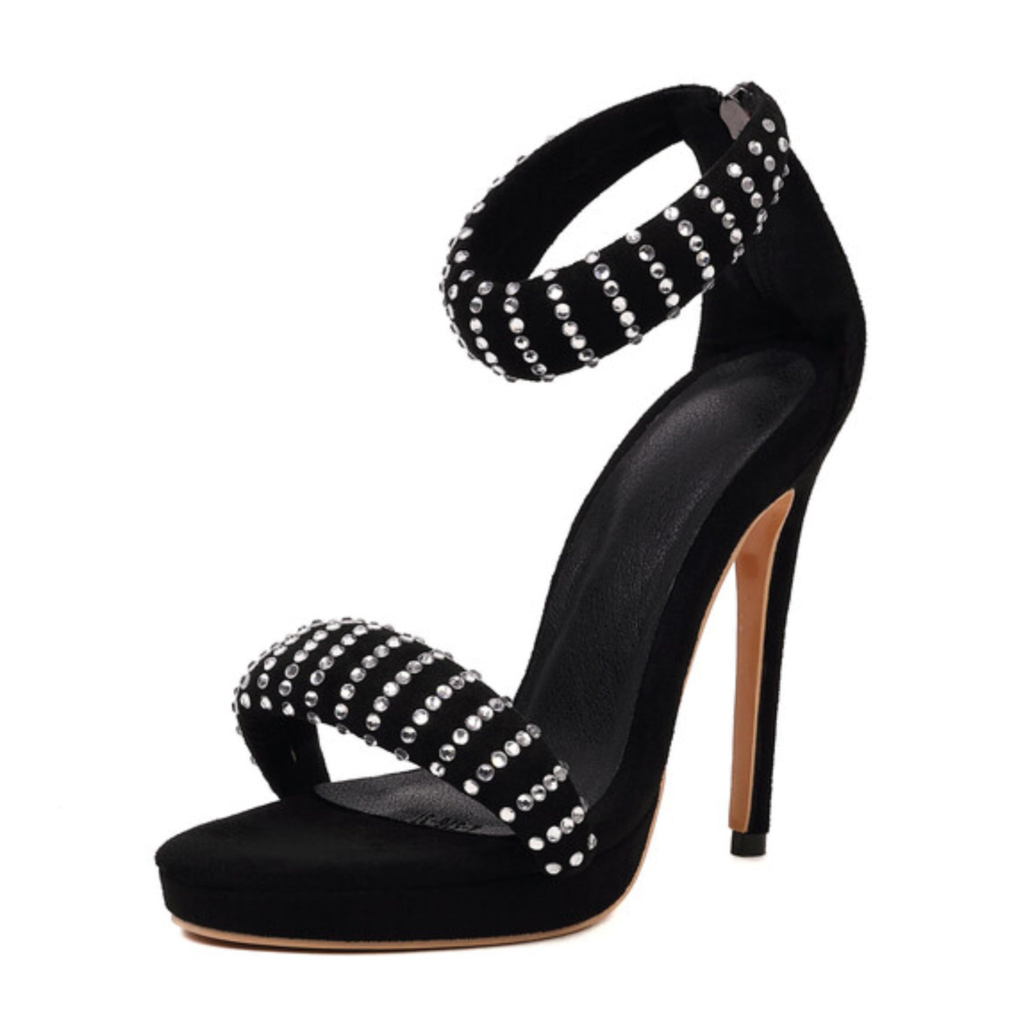 Black high-heeled sandal with rhinestone embellishments