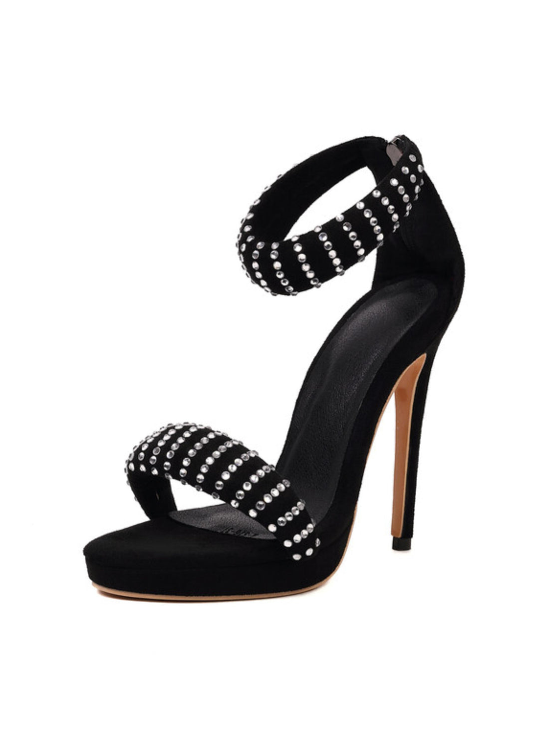 Black high-heeled sandal with rhinestone embellishments