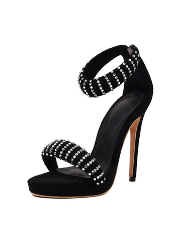 Black high-heeled sandal with rhinestone embellishments
