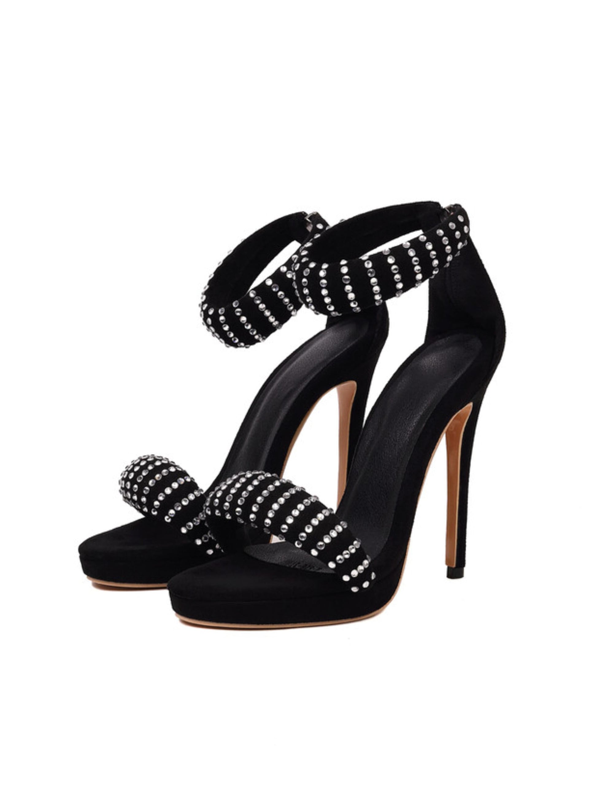 Black high-heeled shoes with rhinestone embellishments