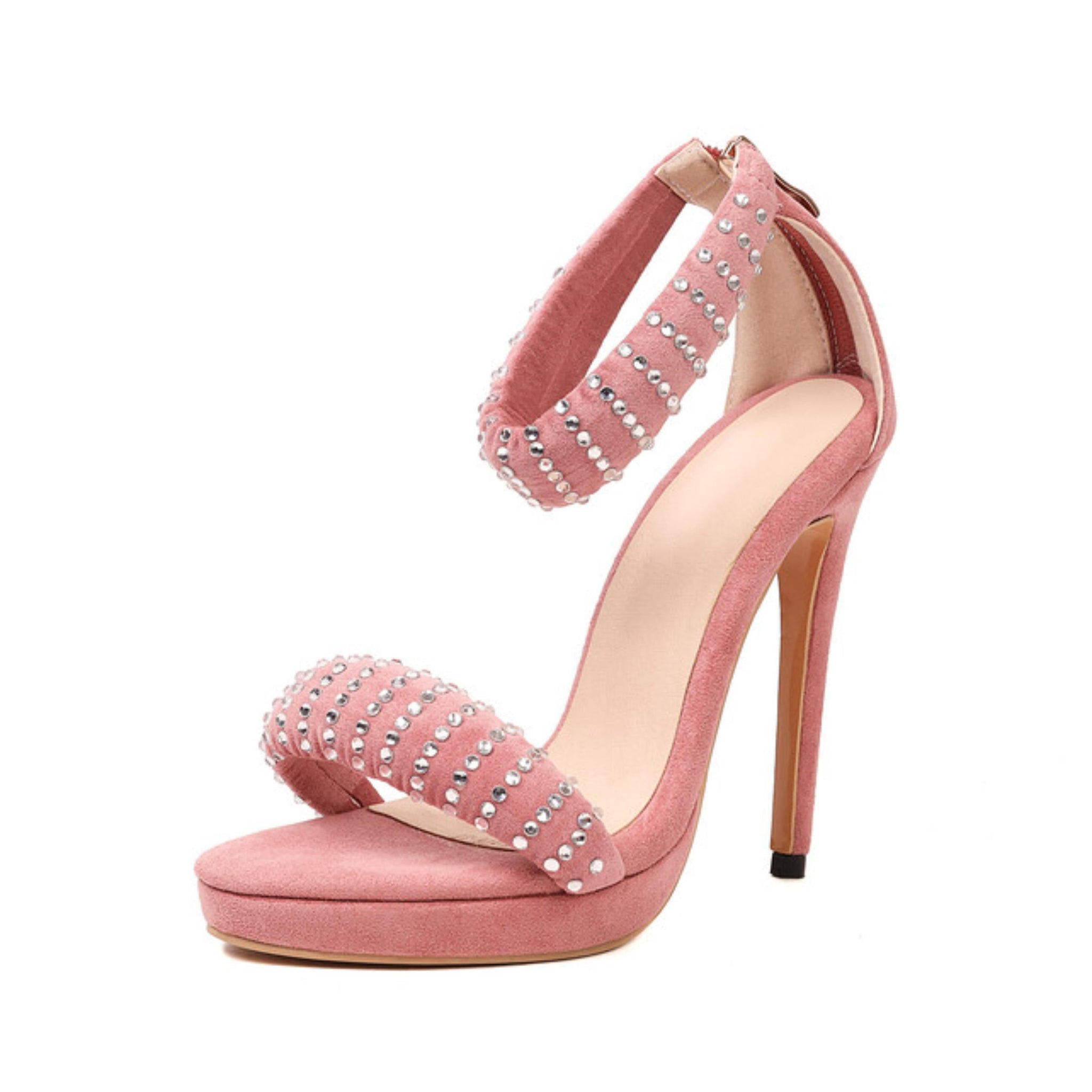 Pink high-heeled sandals with rhinestone embellishments