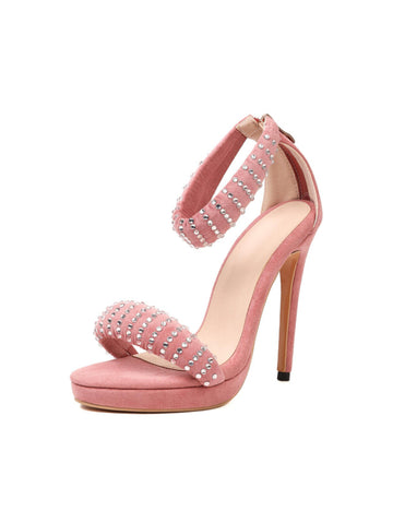 Pink high-heeled sandals with rhinestone embellishments