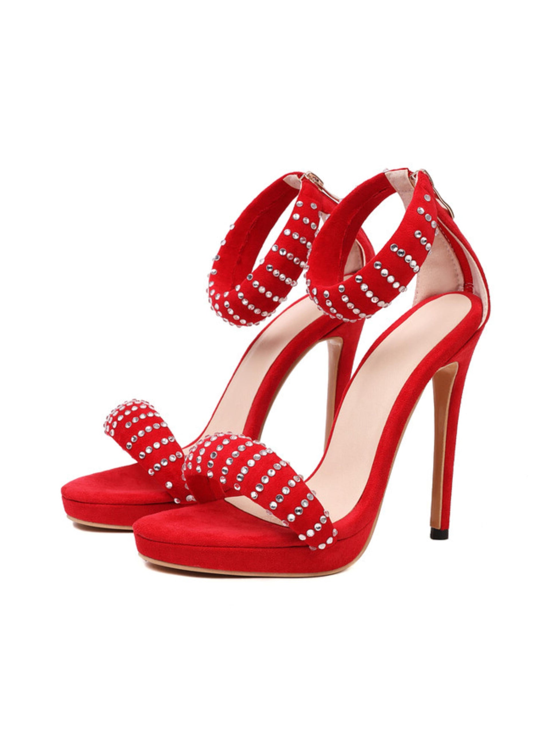 Red high-heeled shoes with embellishments