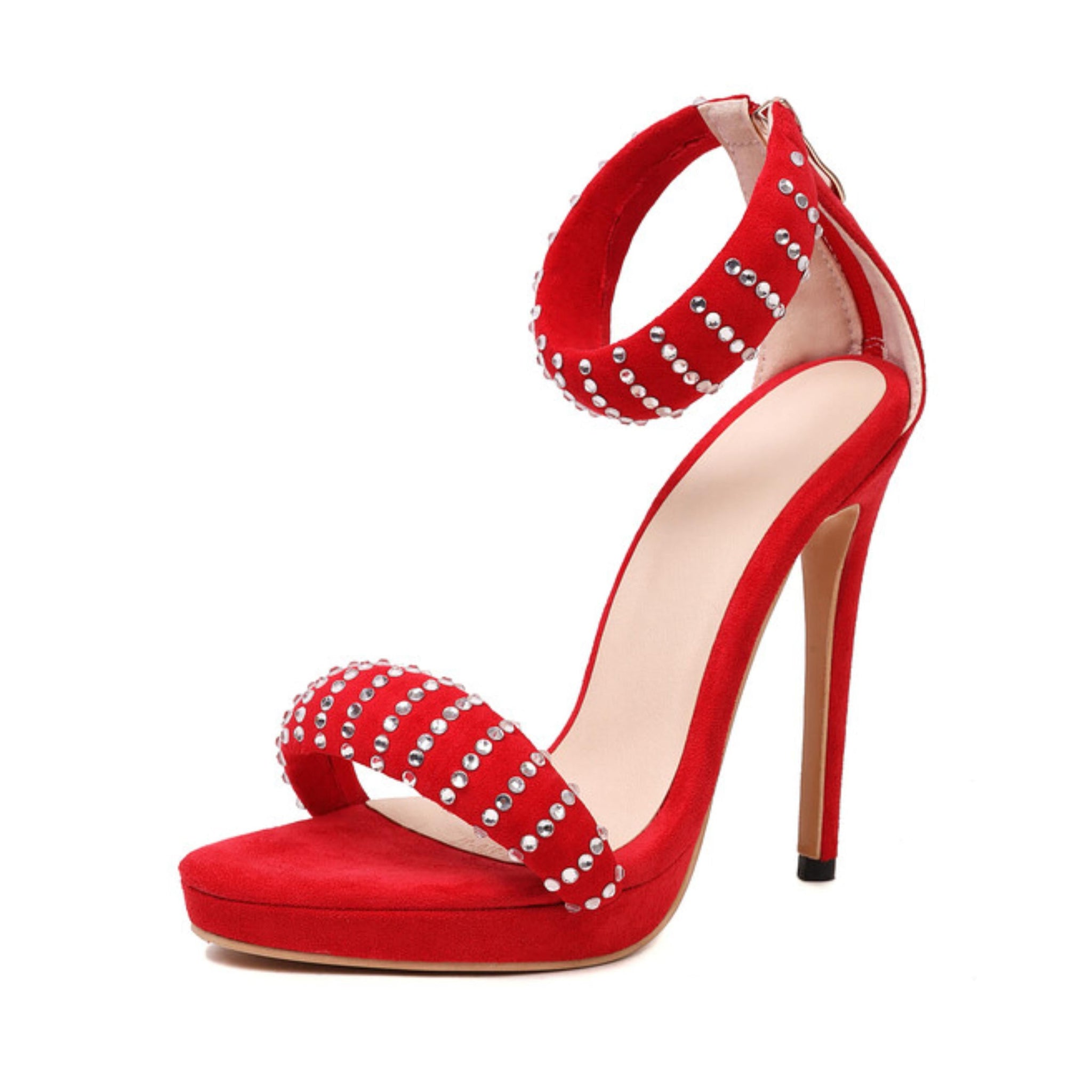 Red high-heeled shoe with rhinestone embellishments
