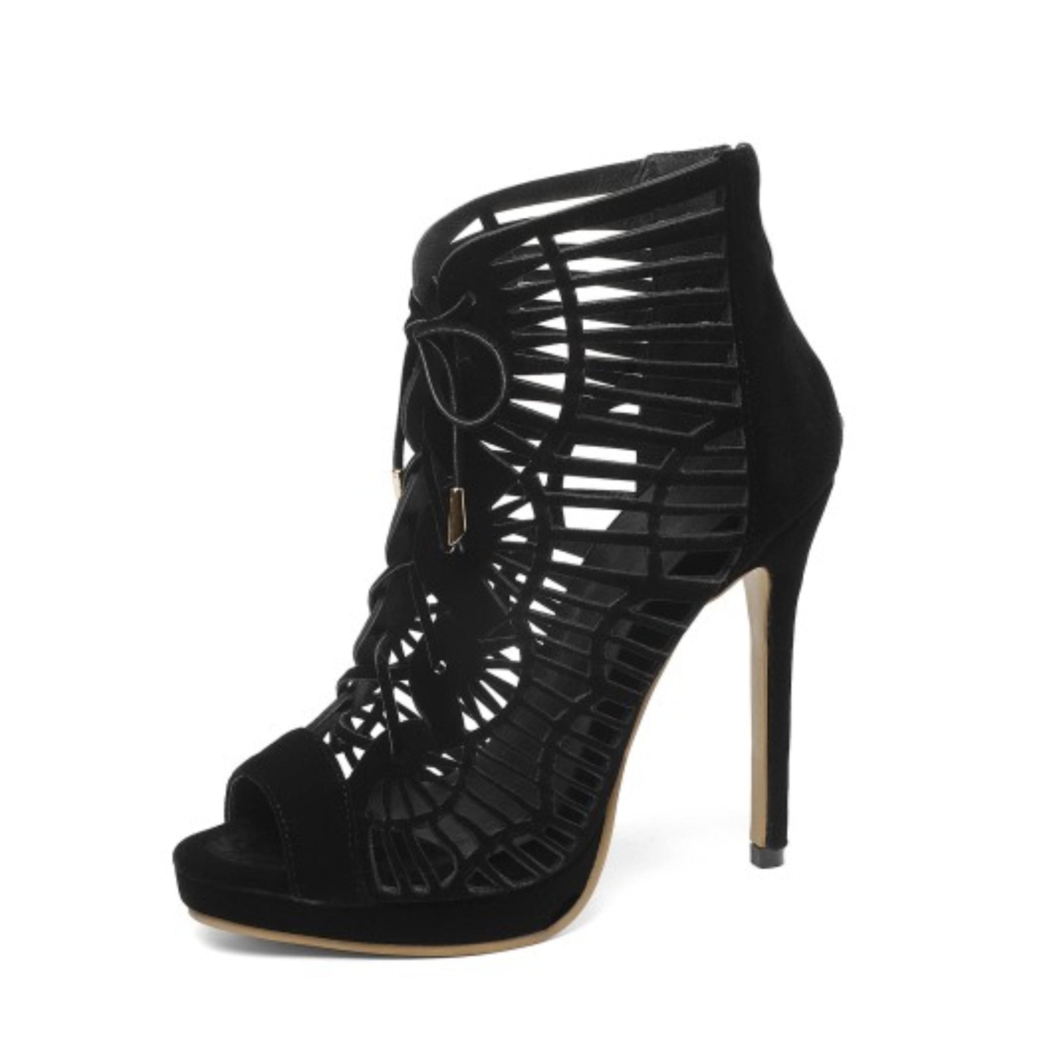 Black Geometric Cutout Women Sandals with Back Zipper Closure