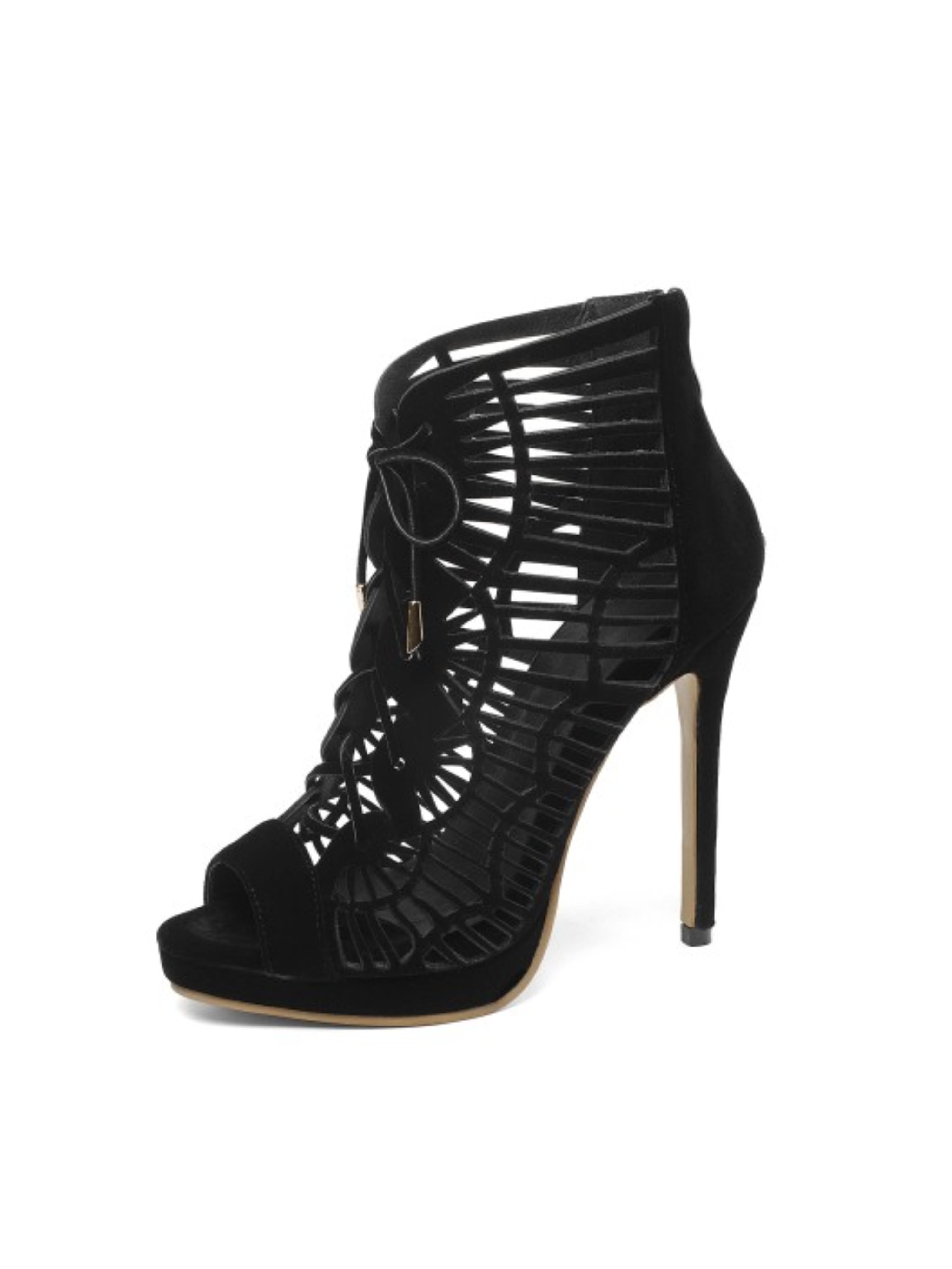 Black Geometric Cutout Women Sandals with Back Zipper Closure