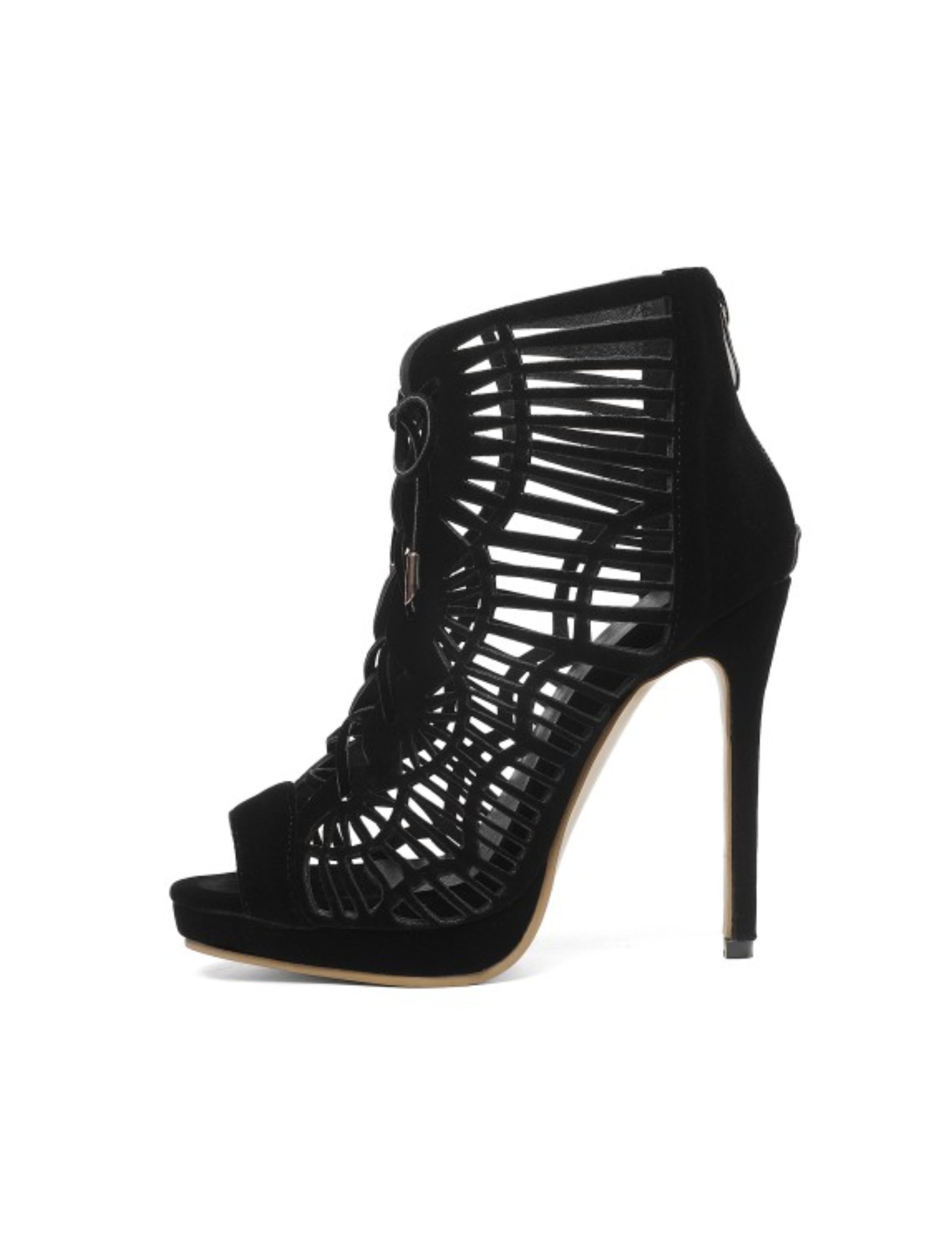 Black Geometric Cutout Women Sandals with Back Zipper Closure