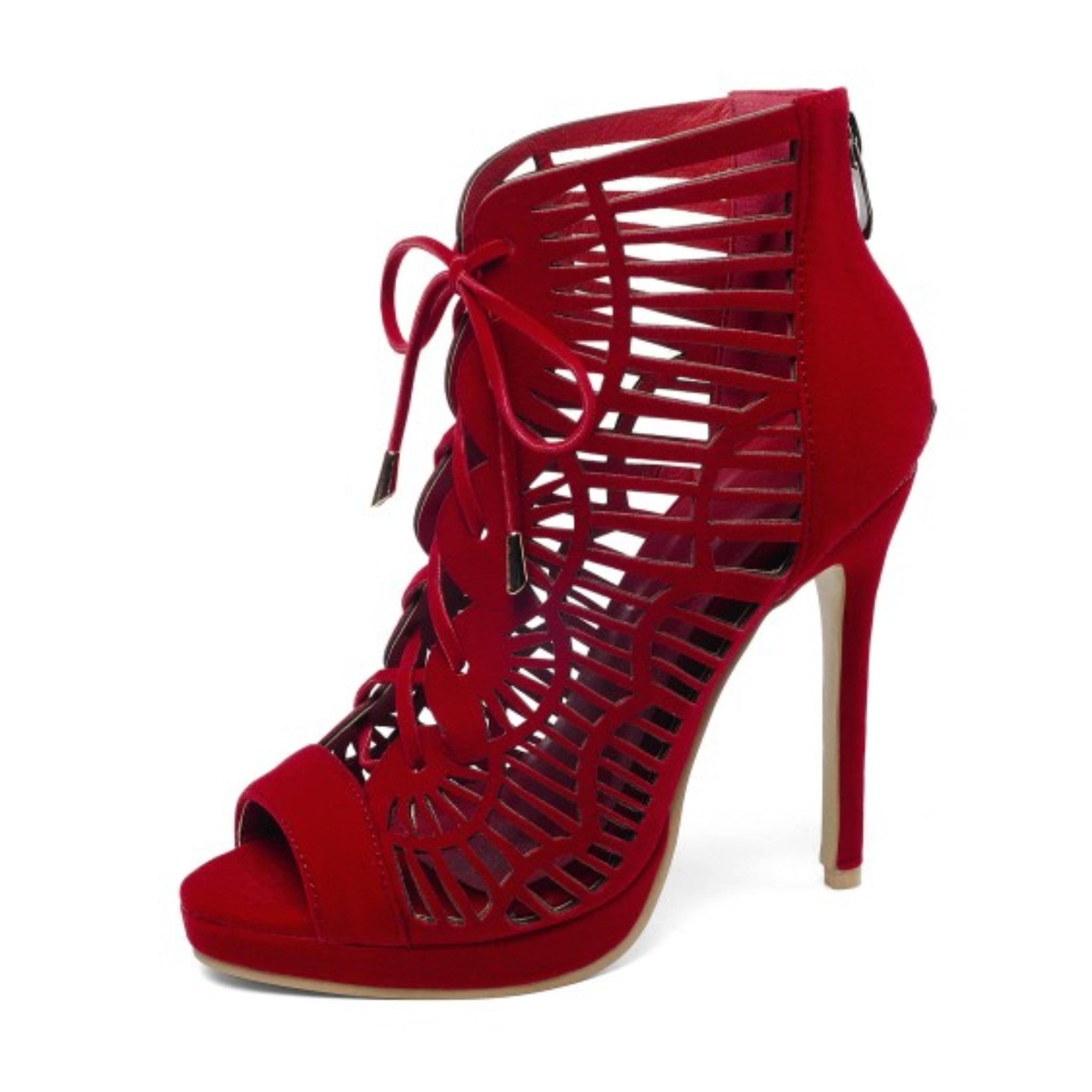 Lace-Up Cutout Stiletto Red Sandals for Women