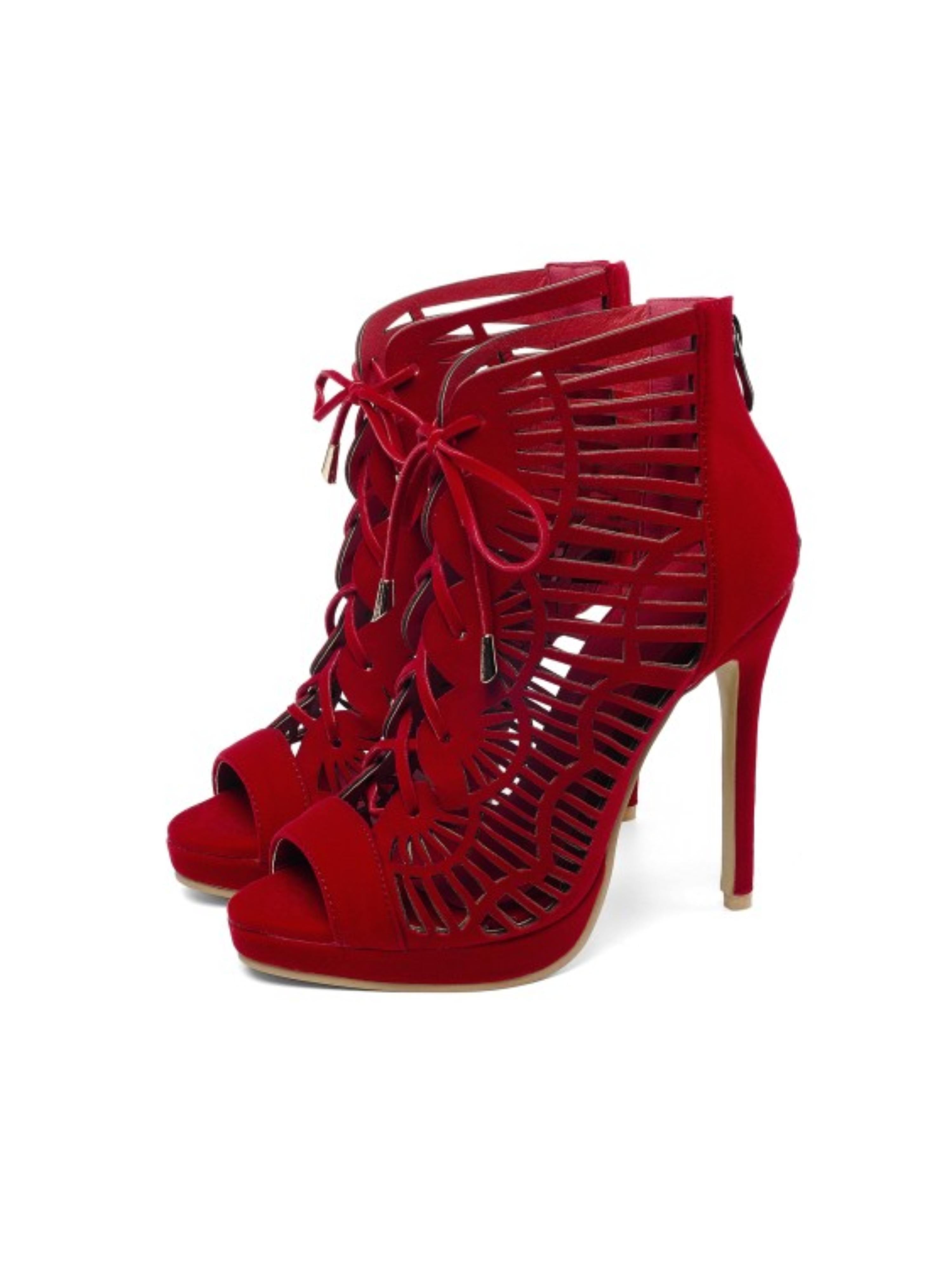 Lace-Up Cutout Stiletto Red Sandals for Women