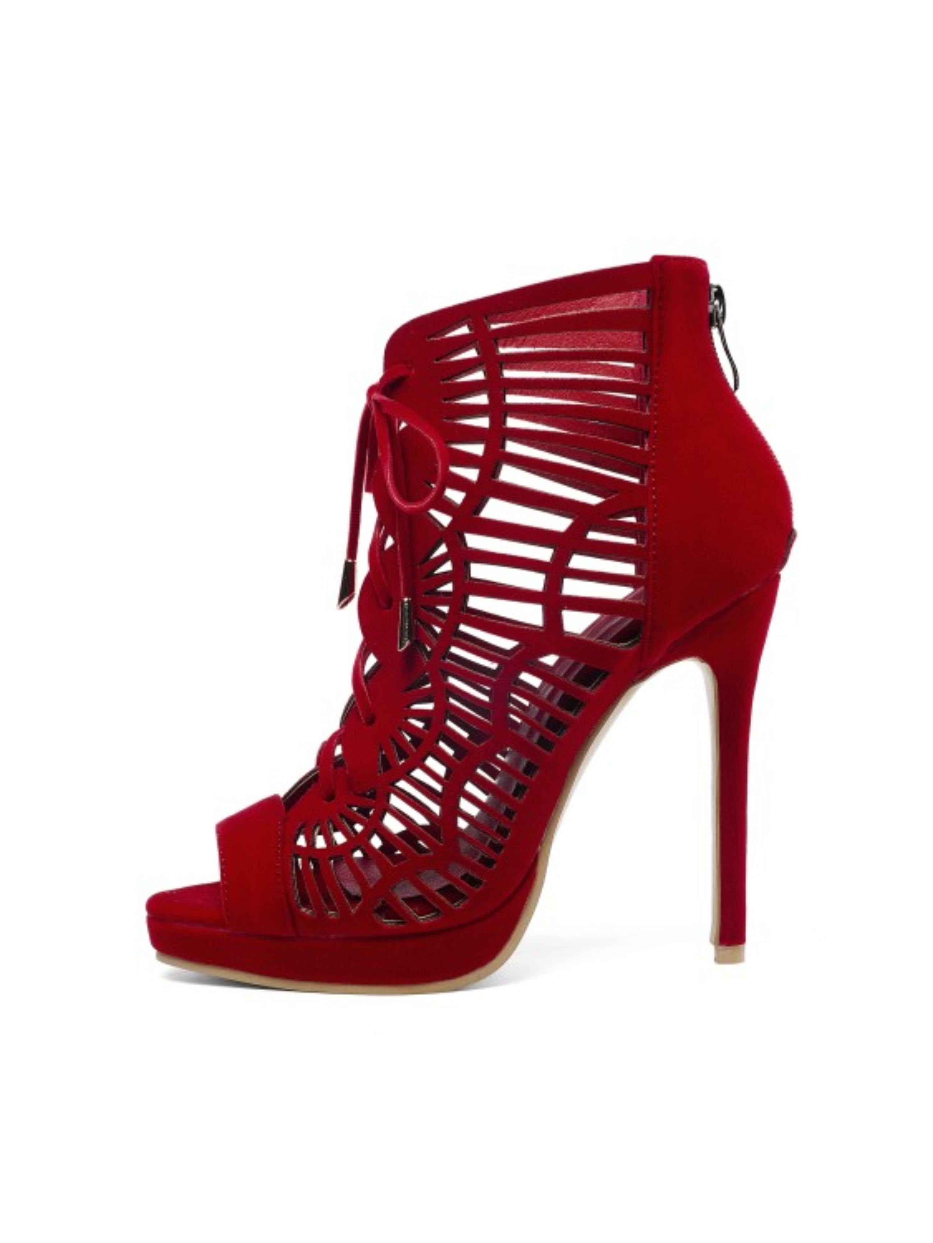 Lace-Up Cutout Stiletto Red Sandals for Women