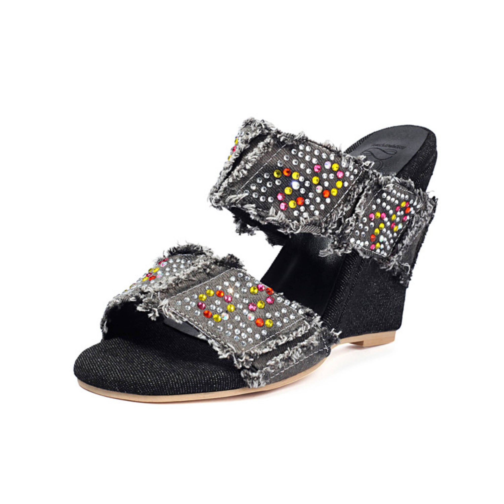 Rhinestone Frayed Denim Wedges Woman Sandals
