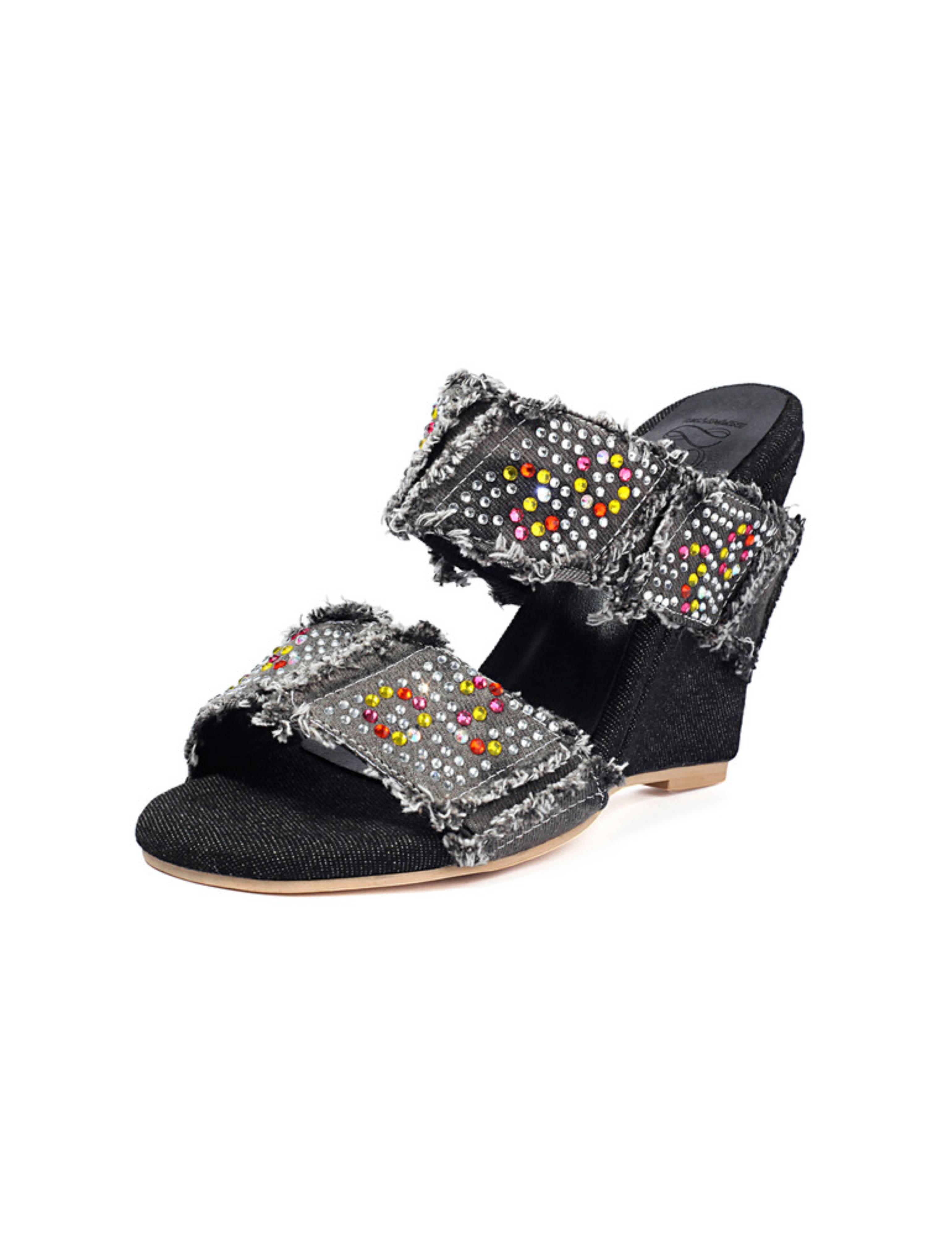 Rhinestone Frayed Denim Wedges Woman Sandals