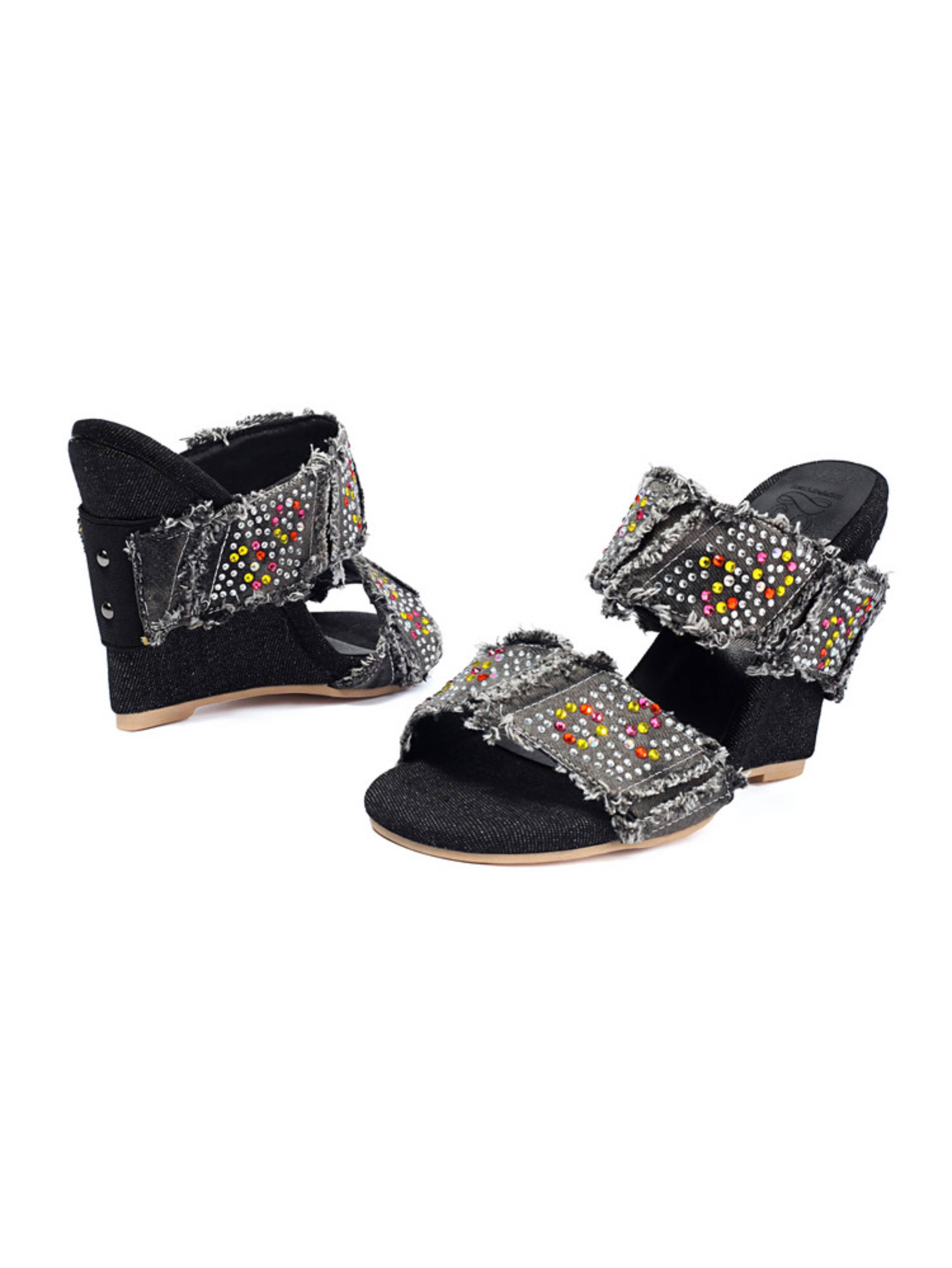 Rhinestone Frayed Denim Wedges Woman Sandals