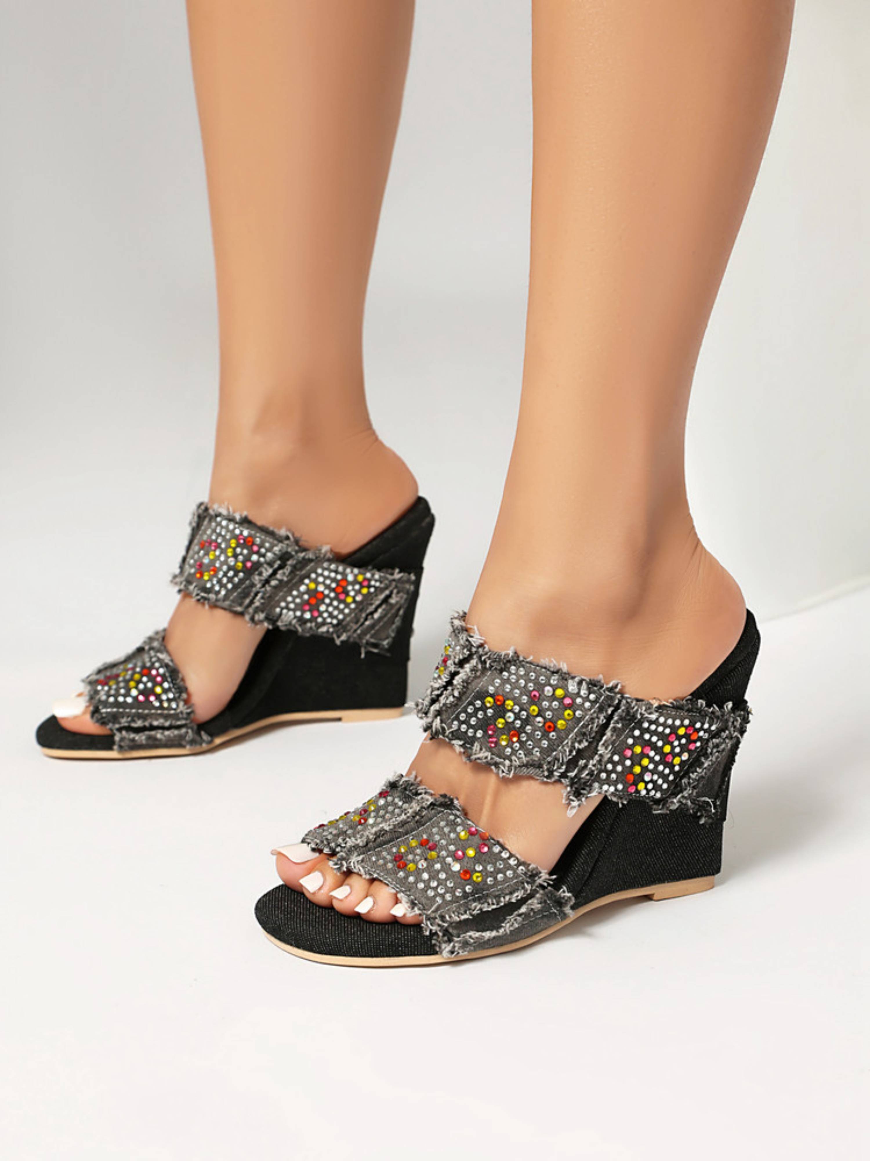 Rhinestone Frayed Denim Wedges Woman Sandals