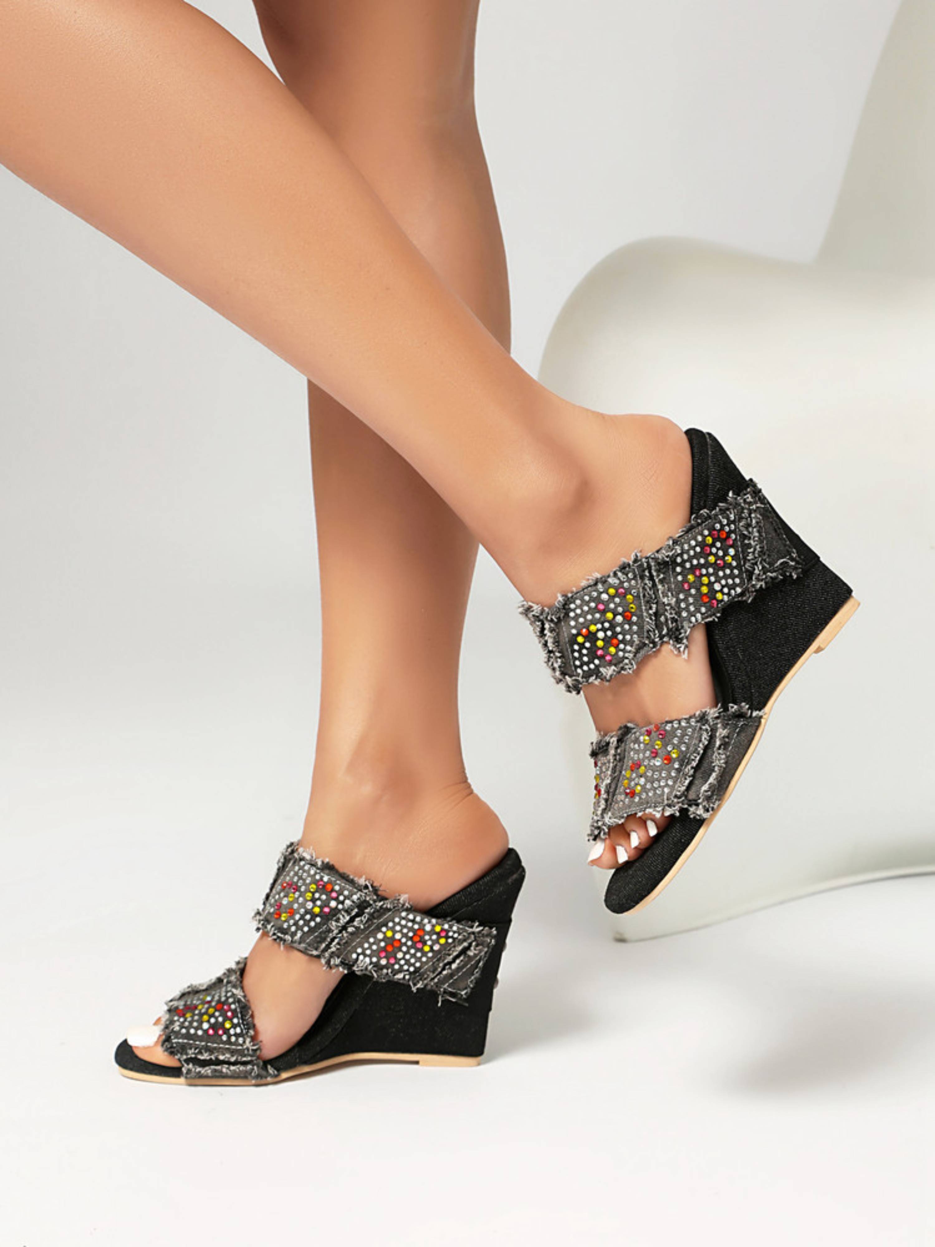 Rhinestone Frayed Denim Wedges Woman Sandals