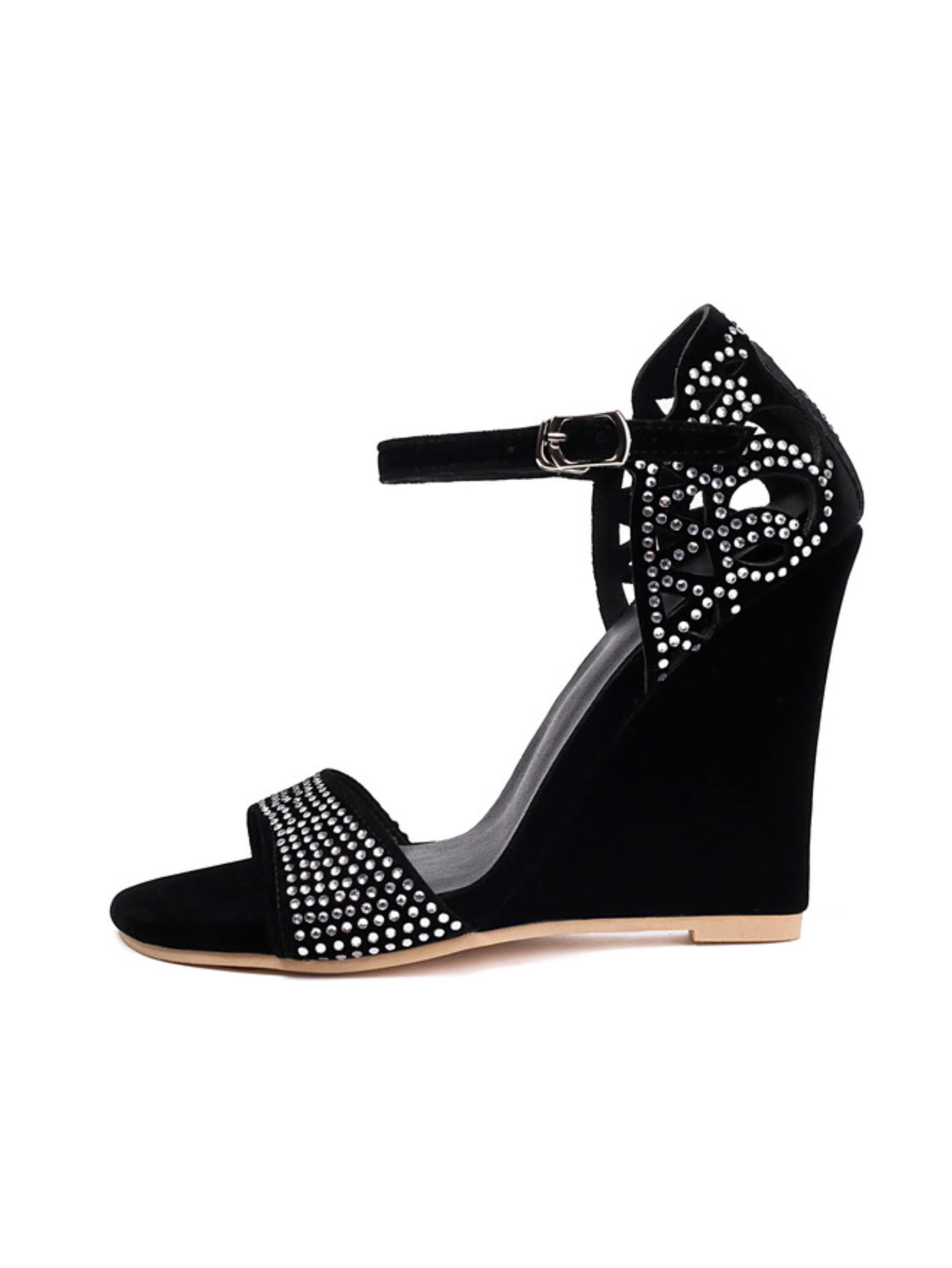 Rhinestone Wedge Heels Sandals for Women Black