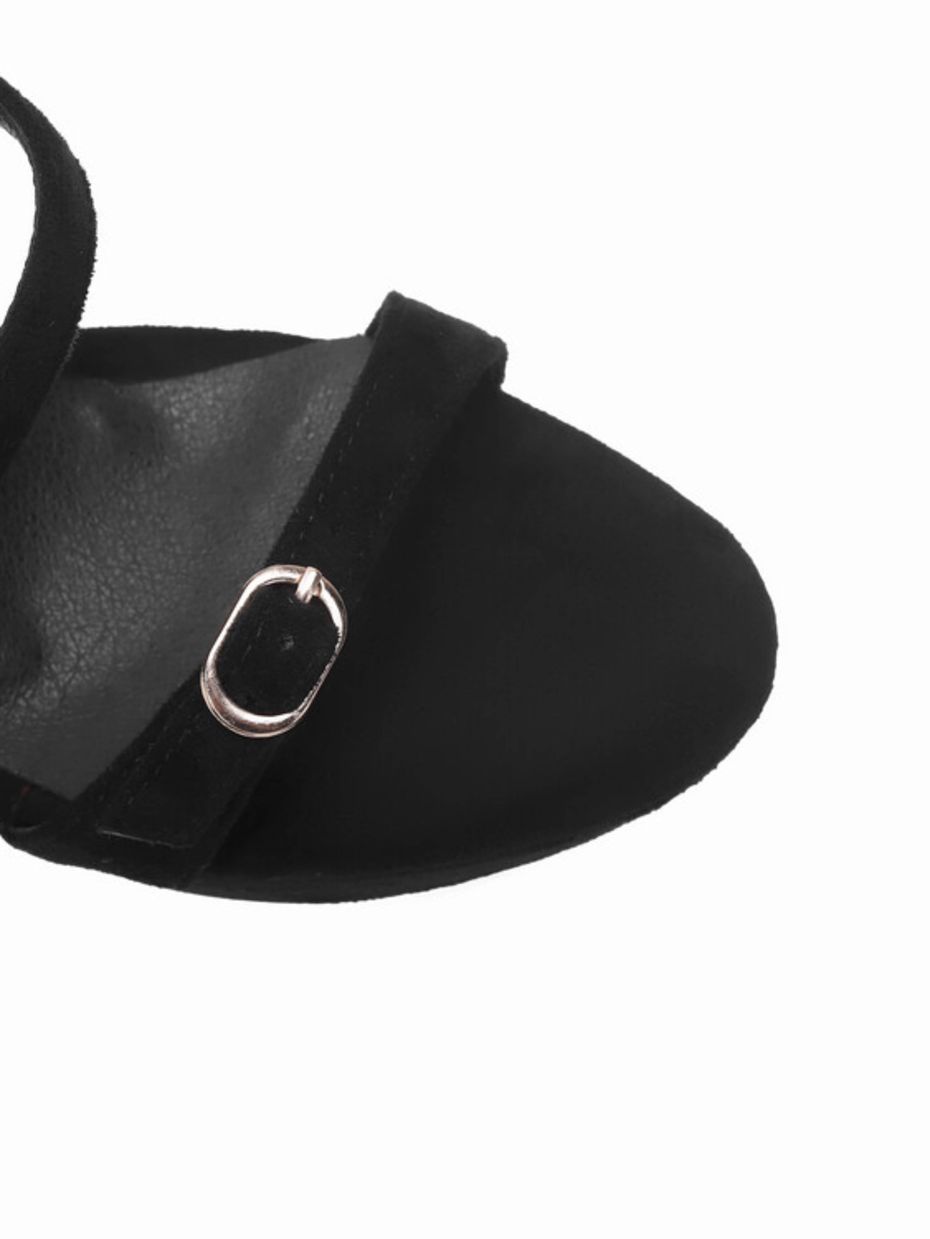 Black Knee-High Buckled Chunky Heel Sandals for Women