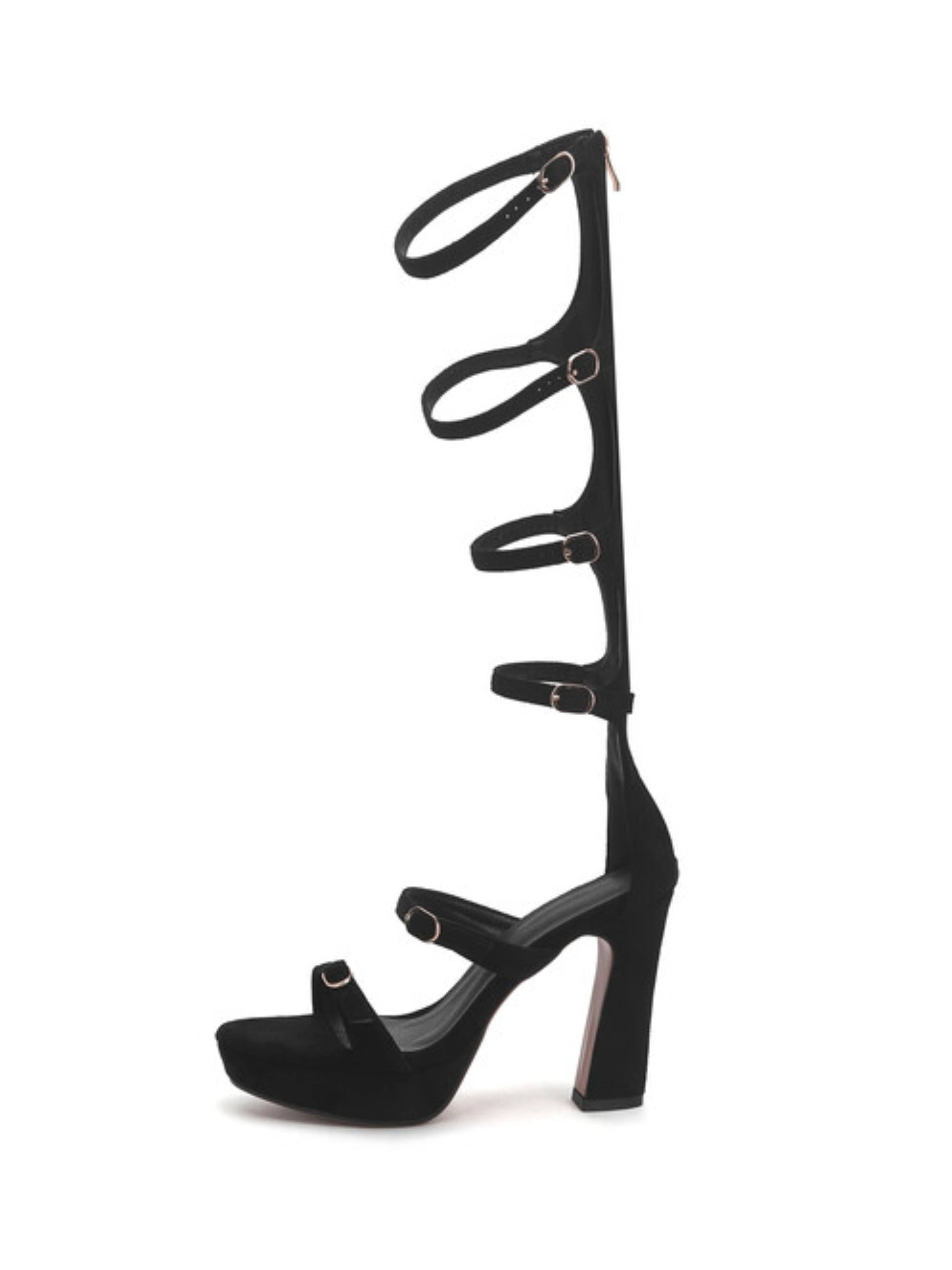 Black high-heeled sandal with multiple straps