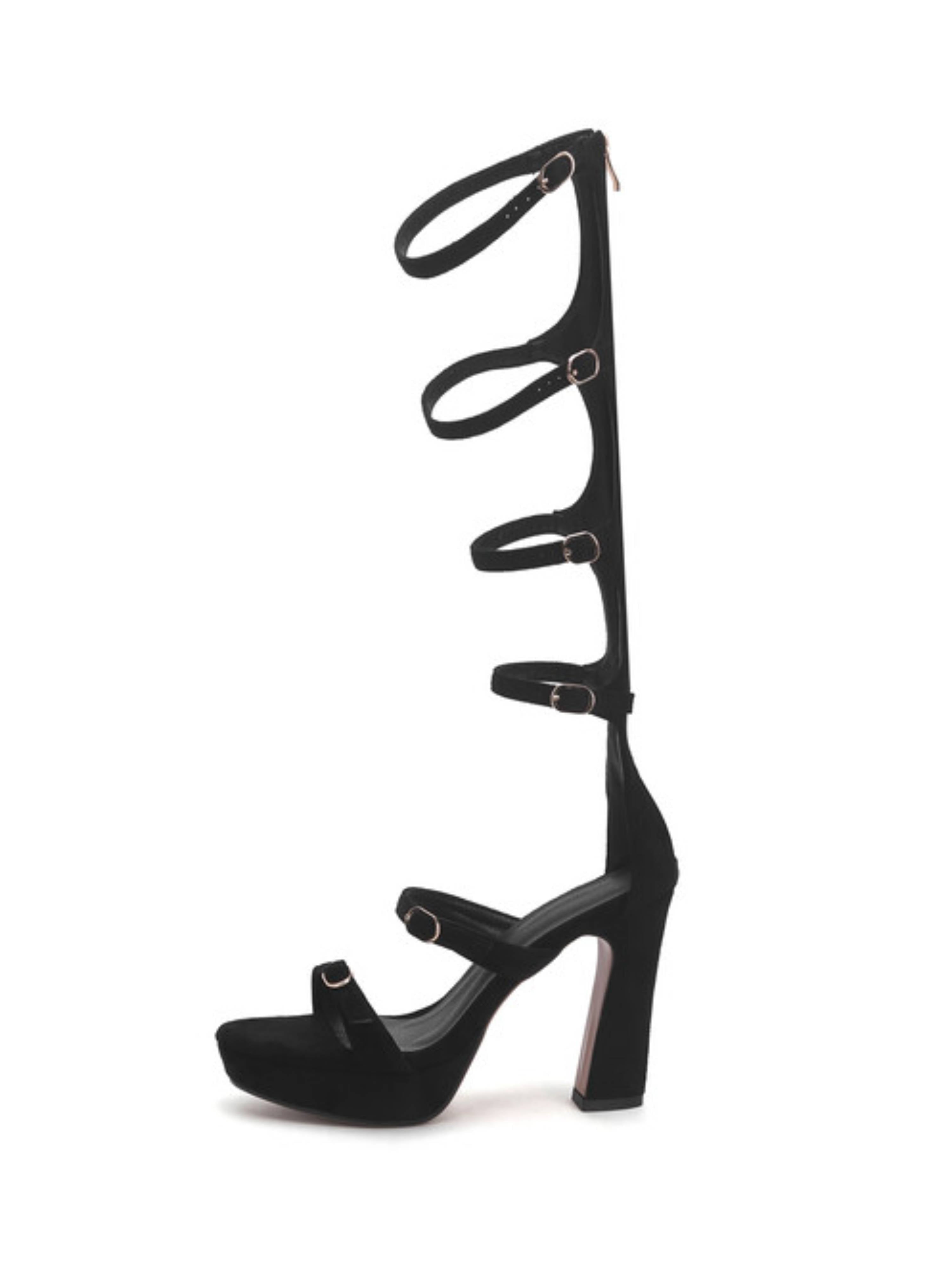 Black high-heeled sandal with multiple straps
