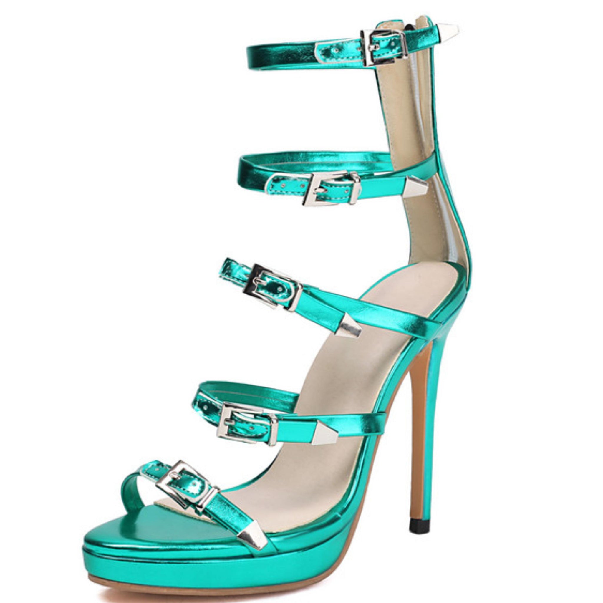 Green Strappy Stilettos Buckle Sandals for Women