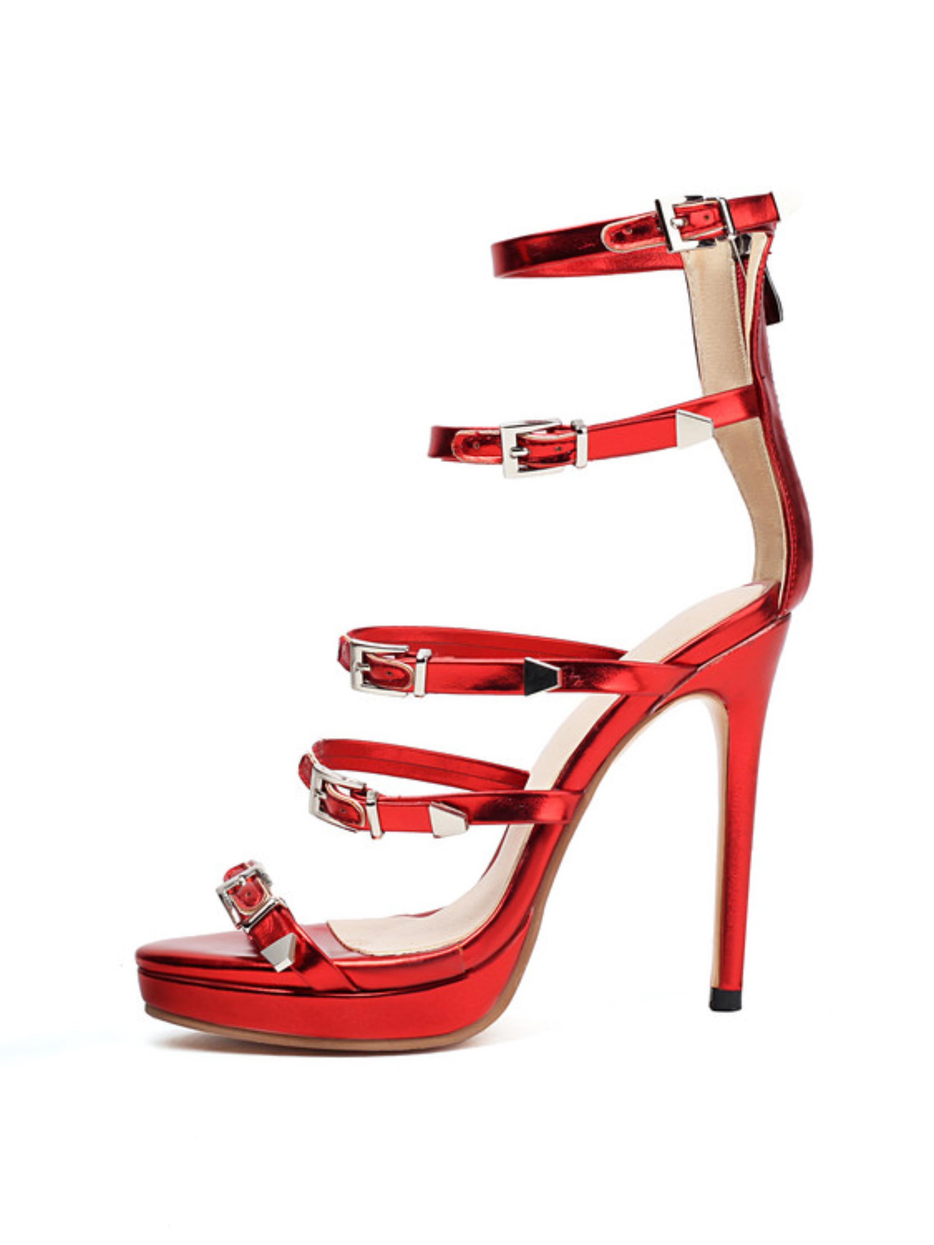 Women's Elevated Stiletto High Heeled Metallic Red Sandals