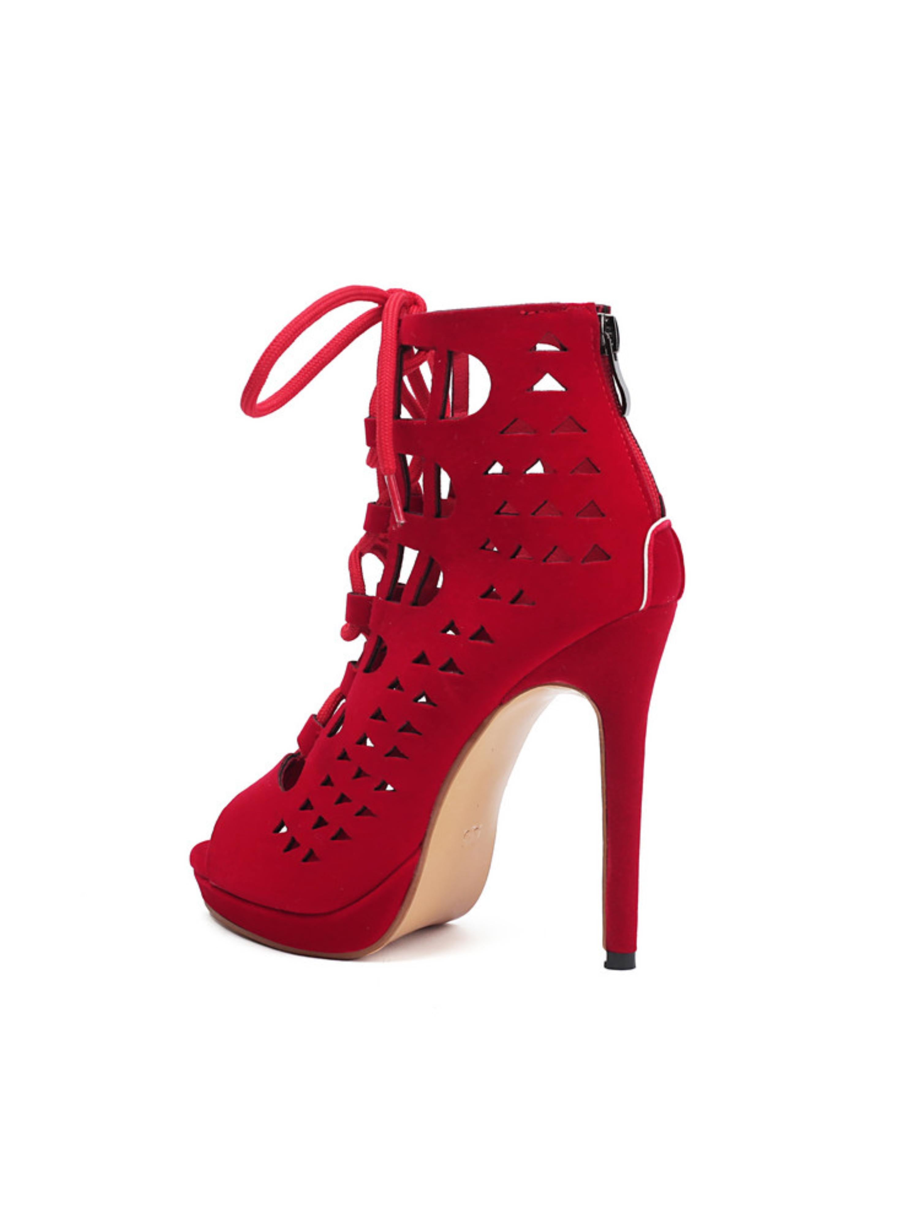 Peep Toe Hollow-Out Lace-Up Ankle Booties Red Sandals for Women