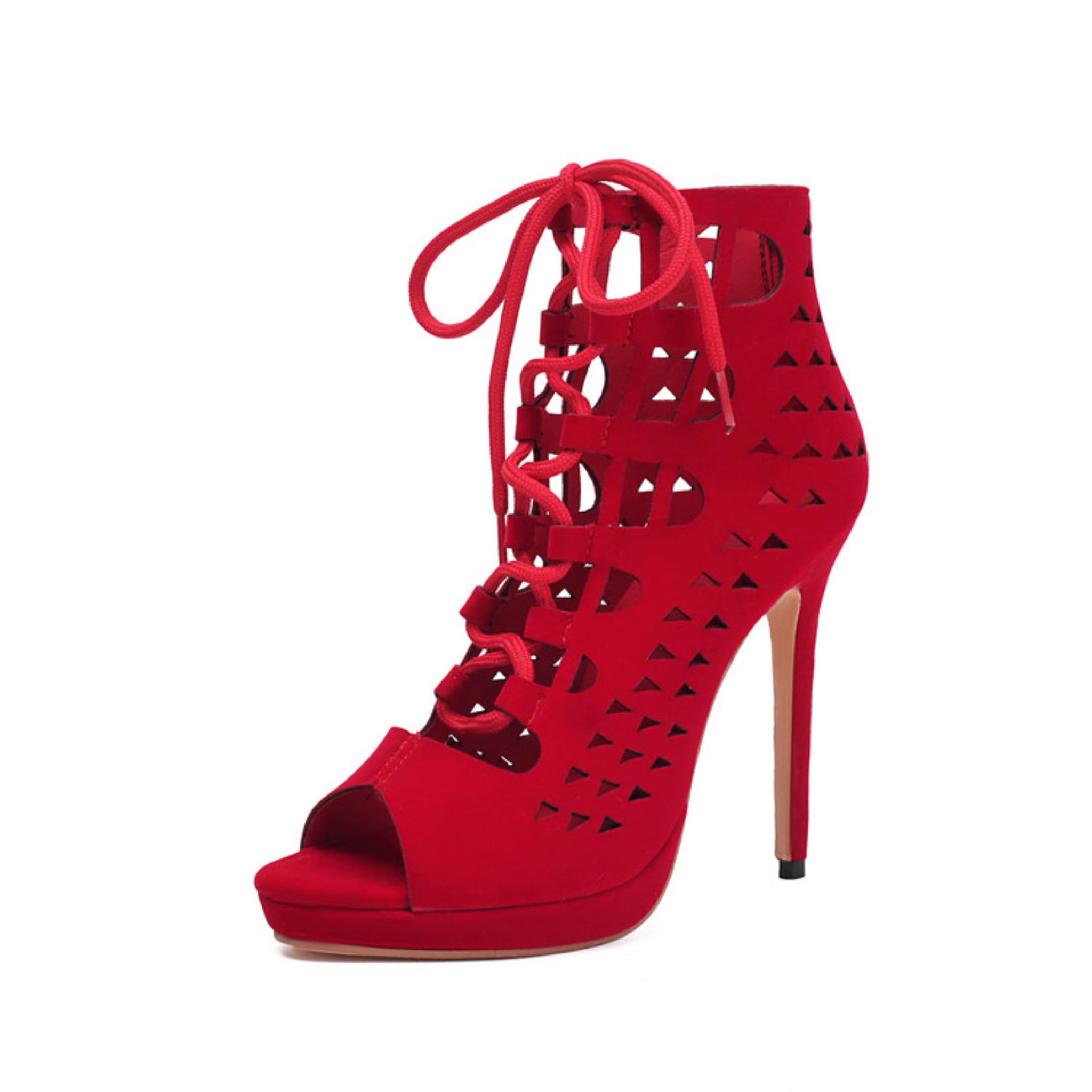 Peep Toe Hollow-Out Lace-Up Ankle Booties Red Sandals for Women
