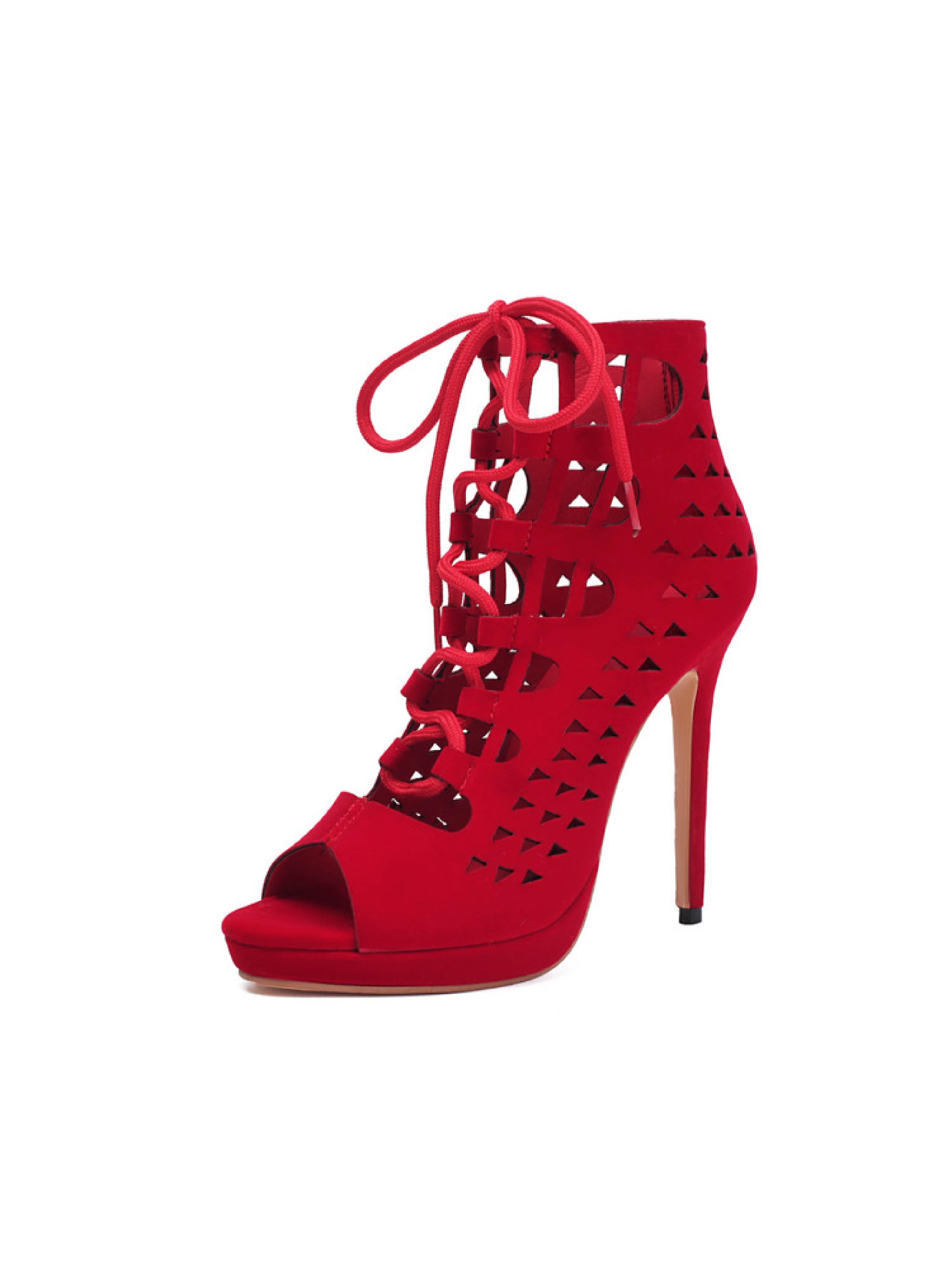 Peep Toe Hollow-Out Lace-Up Ankle Booties Red Sandals for Women