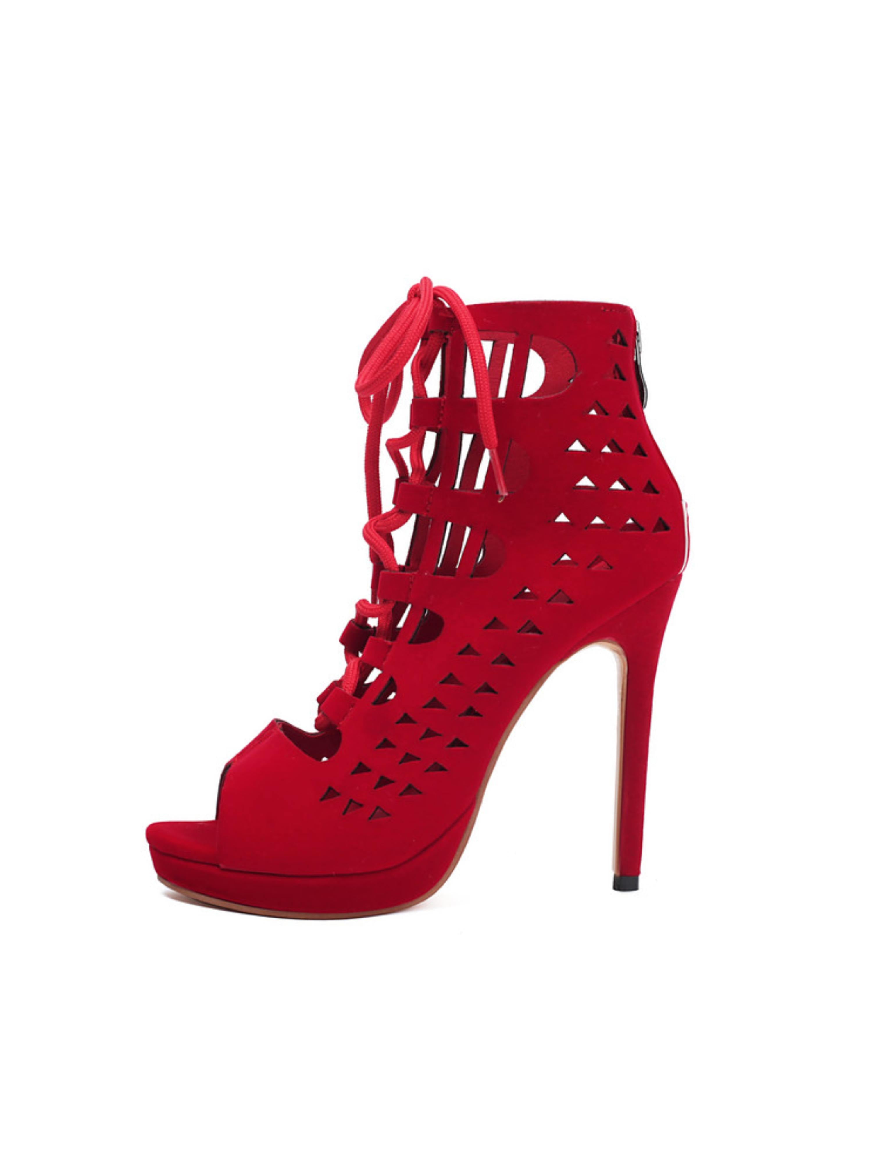 Peep Toe Hollow-Out Lace-Up Ankle Booties Red Sandals for Women
