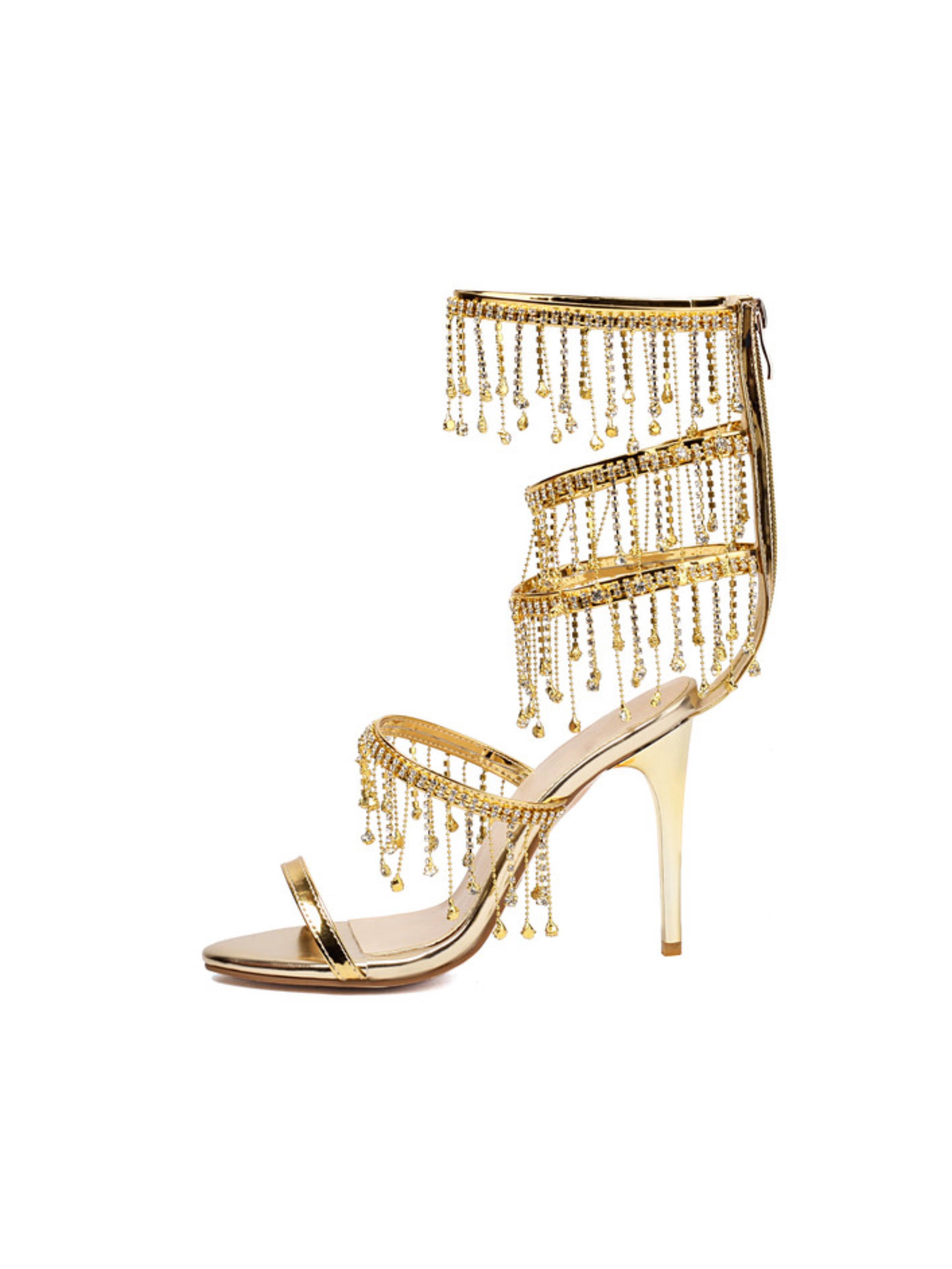 Shiny Metallic Gold Strappy Heels with Chains Sandals for Women